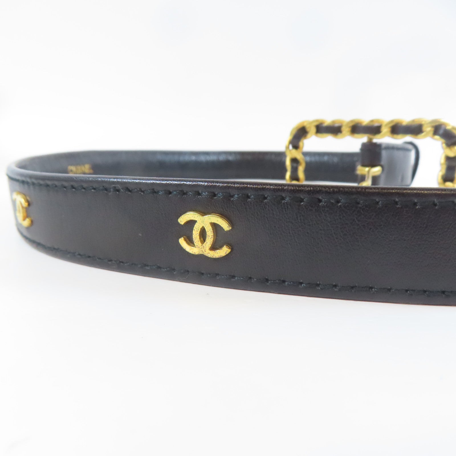 CHANEL 金屬/羊皮皮革Belt皮帶黑色/金色
