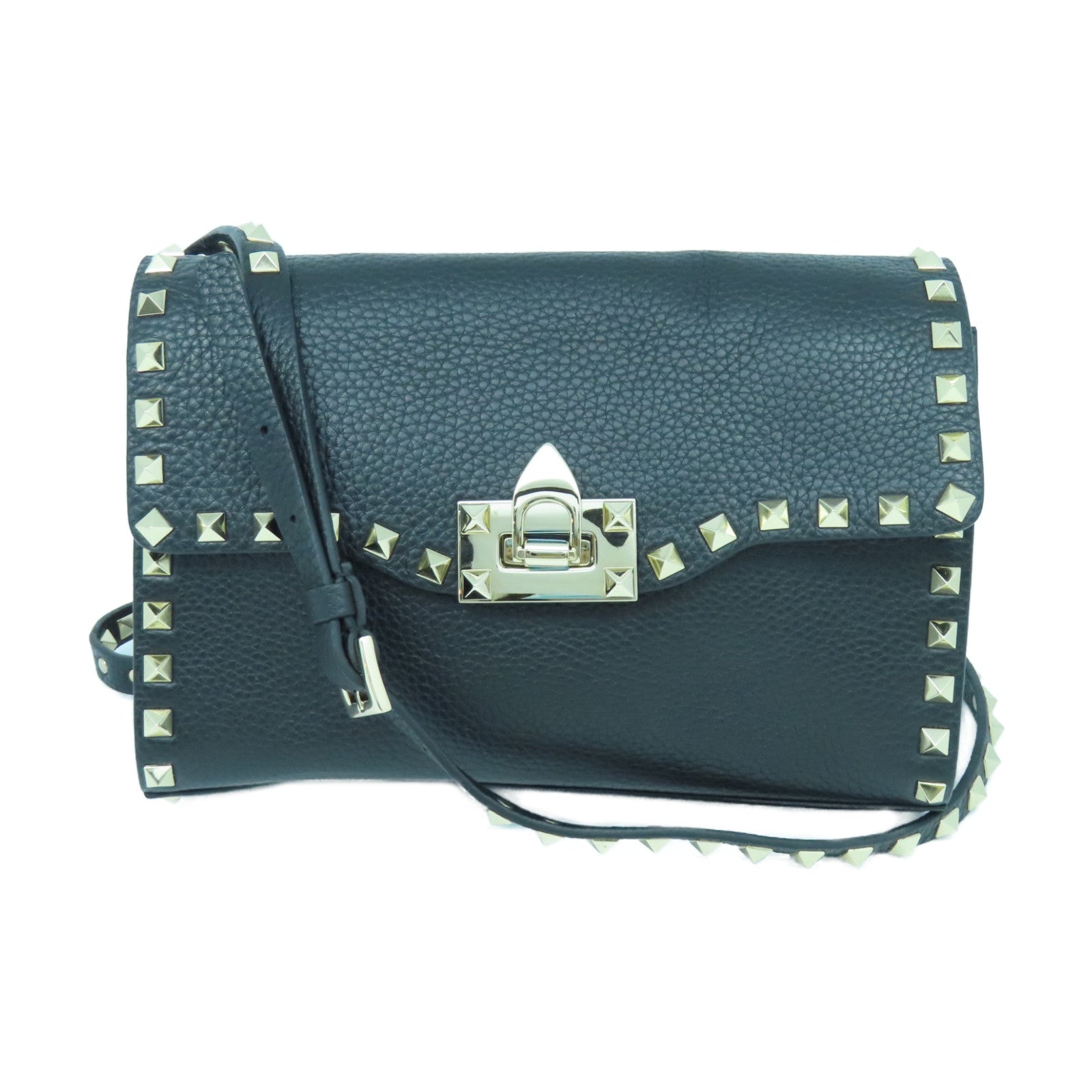 Valentino Calfskin Leather Garavani Rockstud Shoulder Bag Gold Buckle Shoulder Bag Black