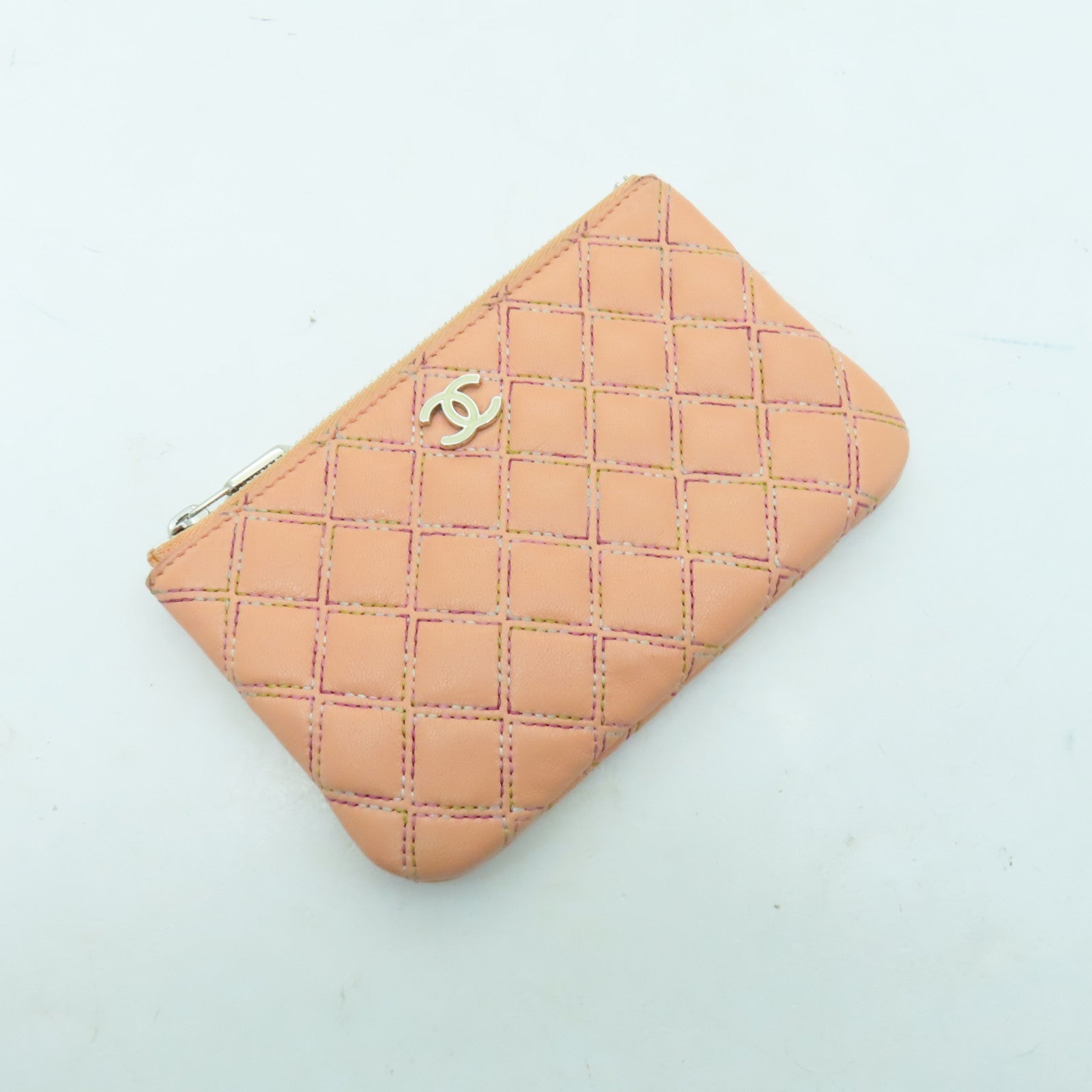 CHANEL 菱格羊皮皮革Mini Pouch銀扣手拿包粉紅色