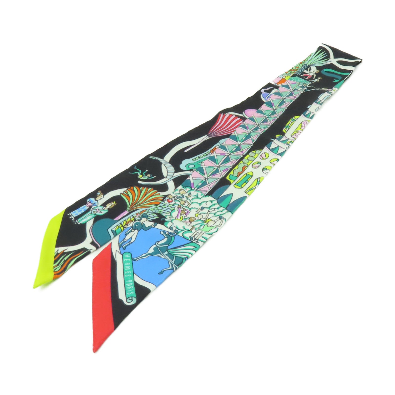 HERMES 絲質Twilly絲巾黒色/彩色