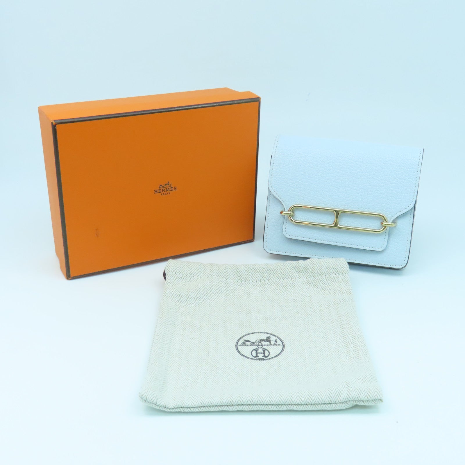 HERMES 【激減優惠】Chevre皮革Roulis Silm金扣錢包霧霾藍