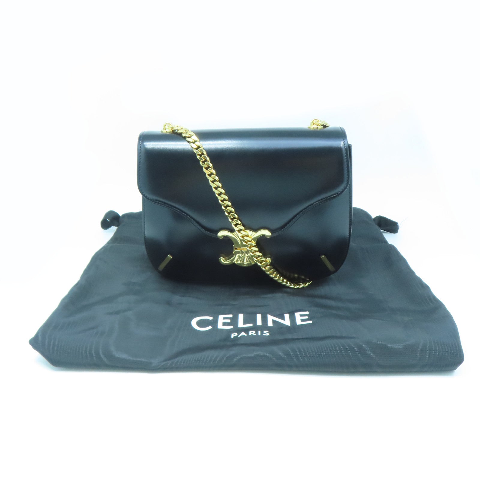 CELINE cowhide leather Shoulder Bag gold buckle chain shoulder bag black