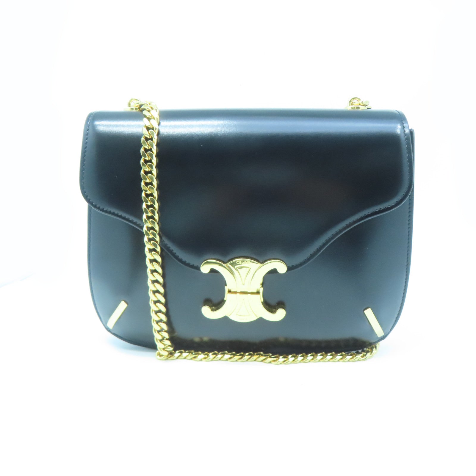 CELINE cowhide leather Shoulder Bag gold buckle chain shoulder bag black