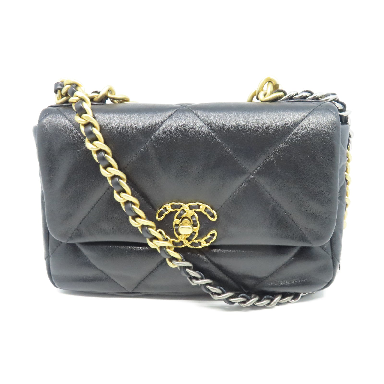 CHANEL 菱格牛皮皮革Chain Shoulder金銀扣鏈帶肩背袋黑色