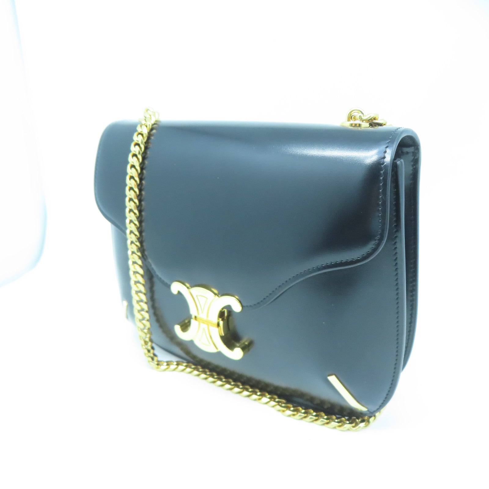 CELINE cowhide leather Shoulder Bag gold buckle chain shoulder bag black