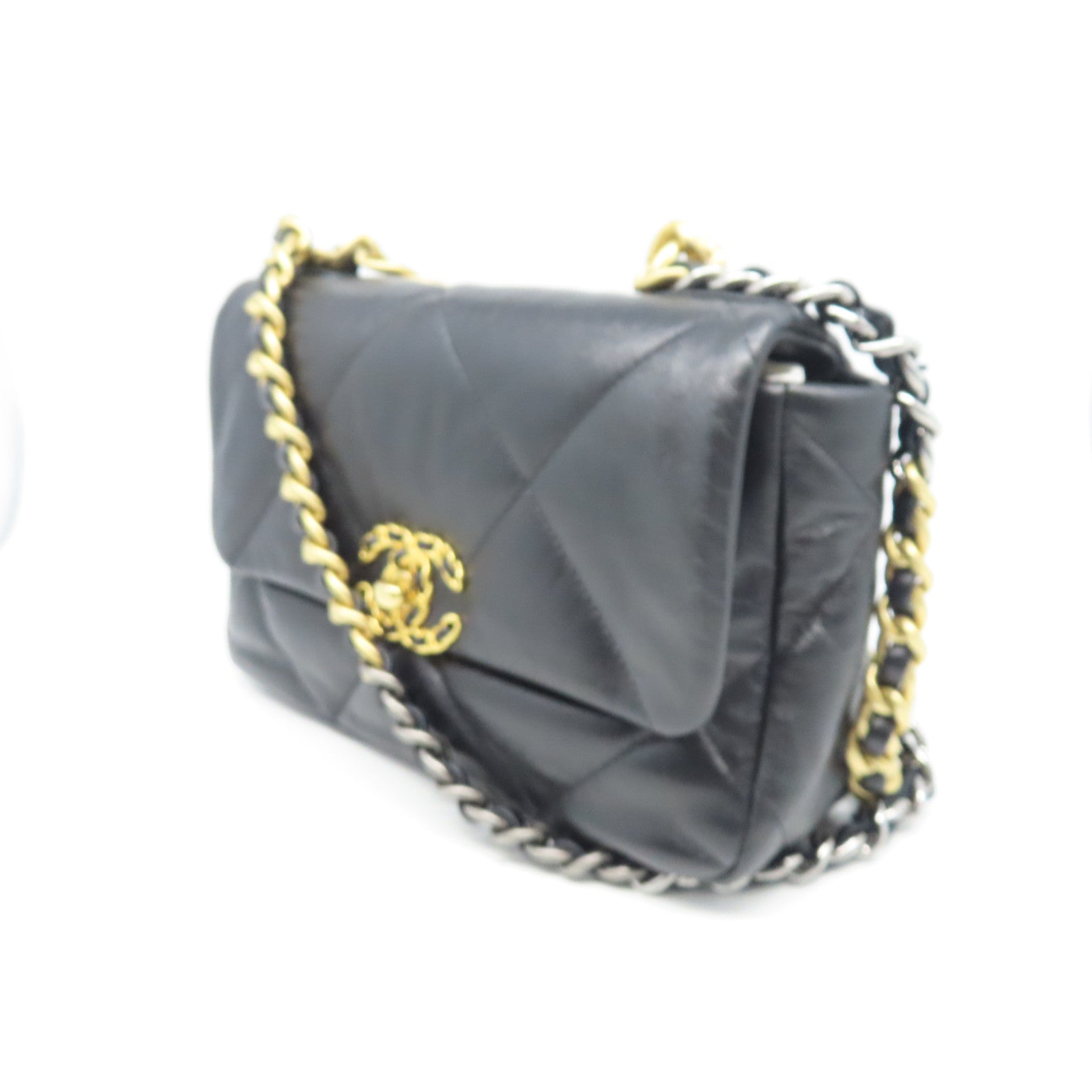 CHANEL 菱格牛皮皮革Chain Shoulder金銀扣鏈帶肩背袋黑色