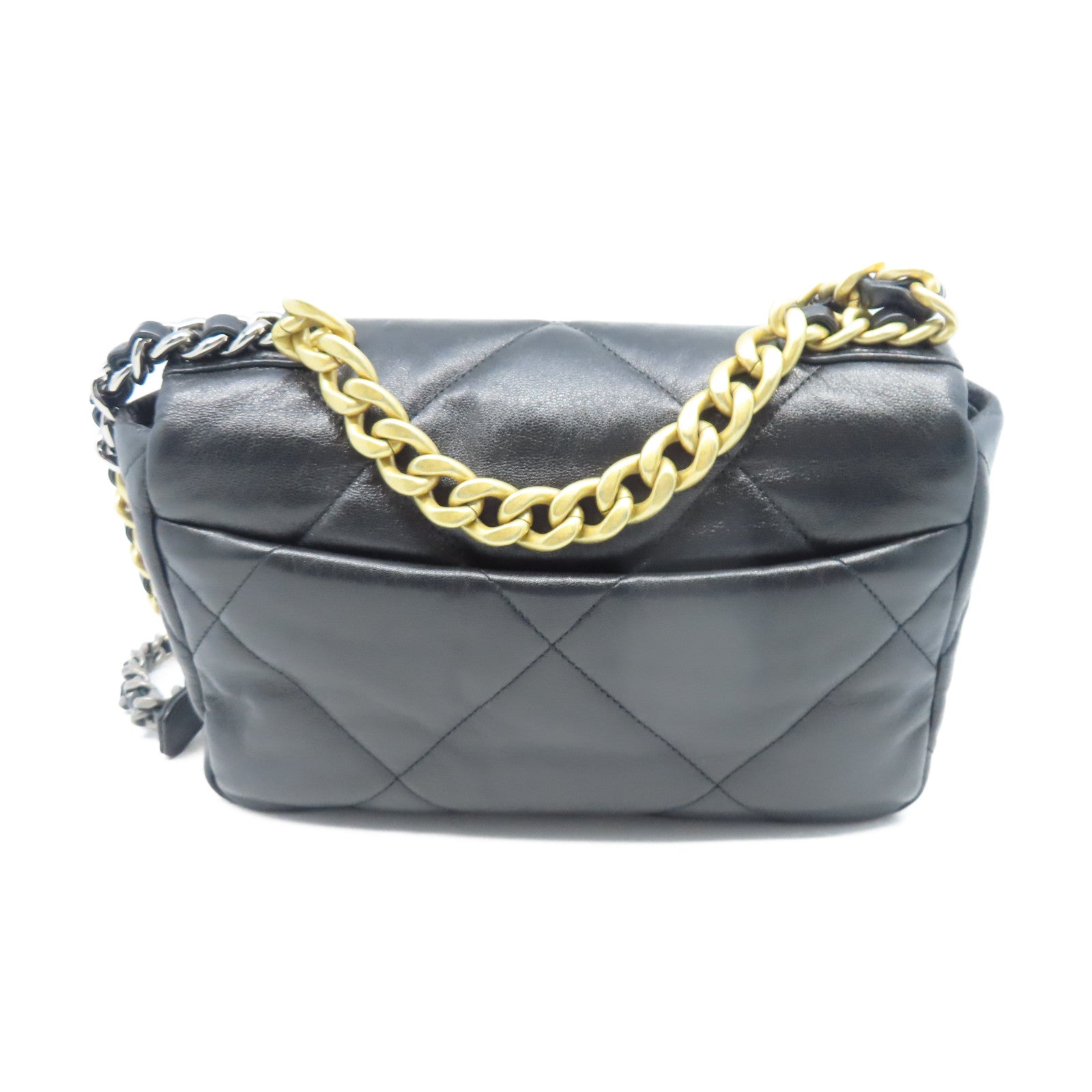 CHANEL 菱格牛皮皮革Chain Shoulder金銀扣鏈帶肩背袋黑色