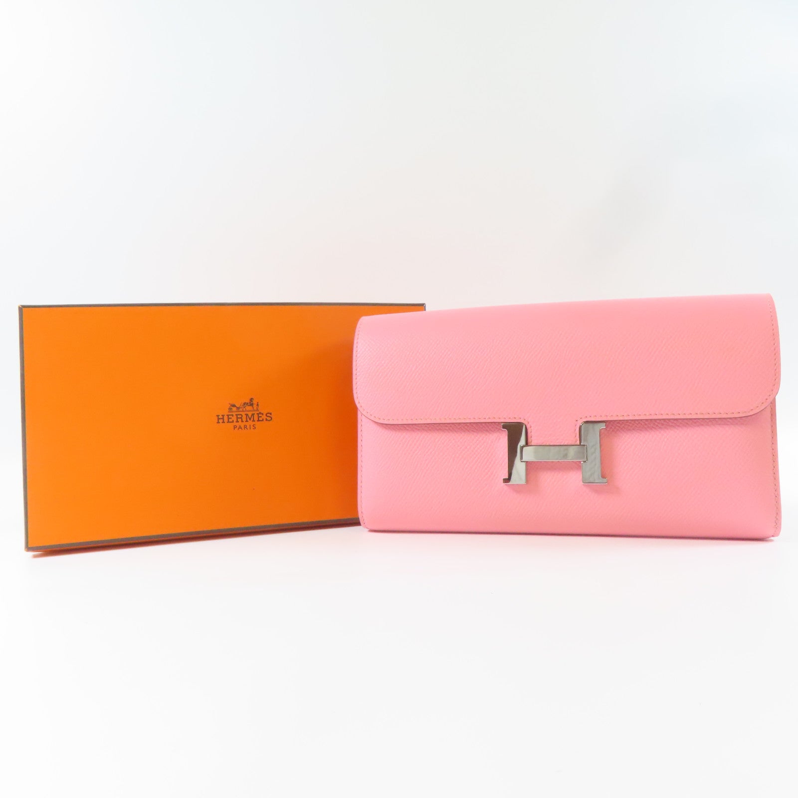 HERMES Veau Epsom皮革Constance Wallet銀扣長錢包Rose Confetti糖果粉色