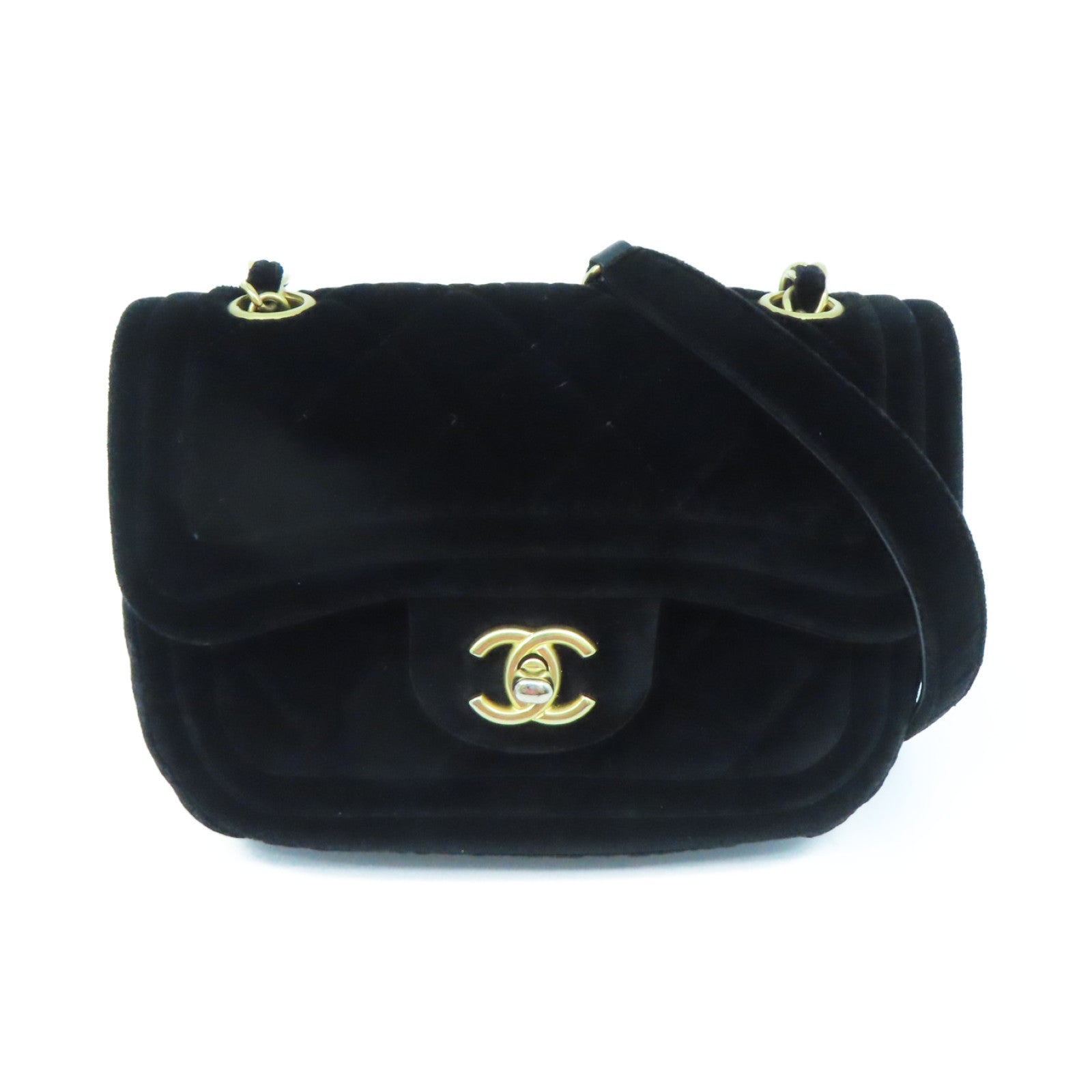 CHANEL Rhombus Velvet Chain Shoulder Bag Gold Buckle Chain Belt Shoulder Bag Black