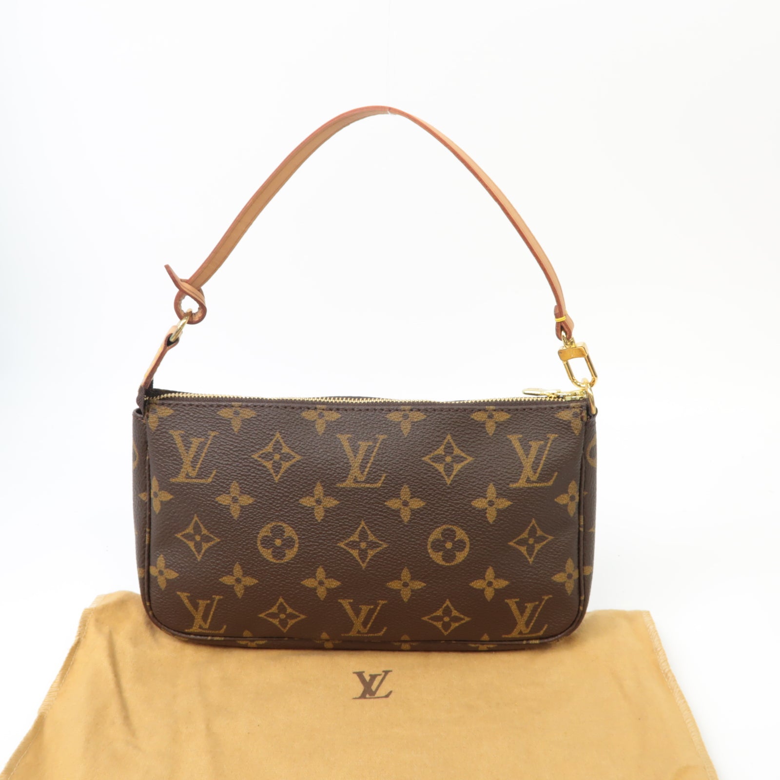 LOUIS VUITTON Monogram Pochette Accessories金扣手挽袋棕色