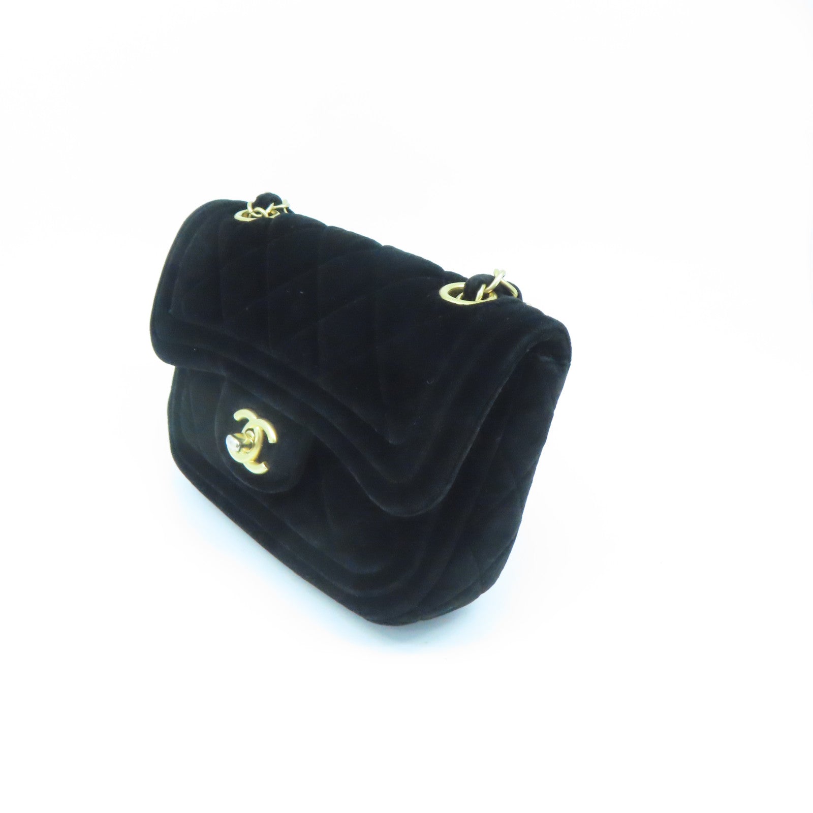 CHANEL Rhombus Velvet Chain Shoulder Bag Gold Buckle Chain Belt Shoulder Bag Black