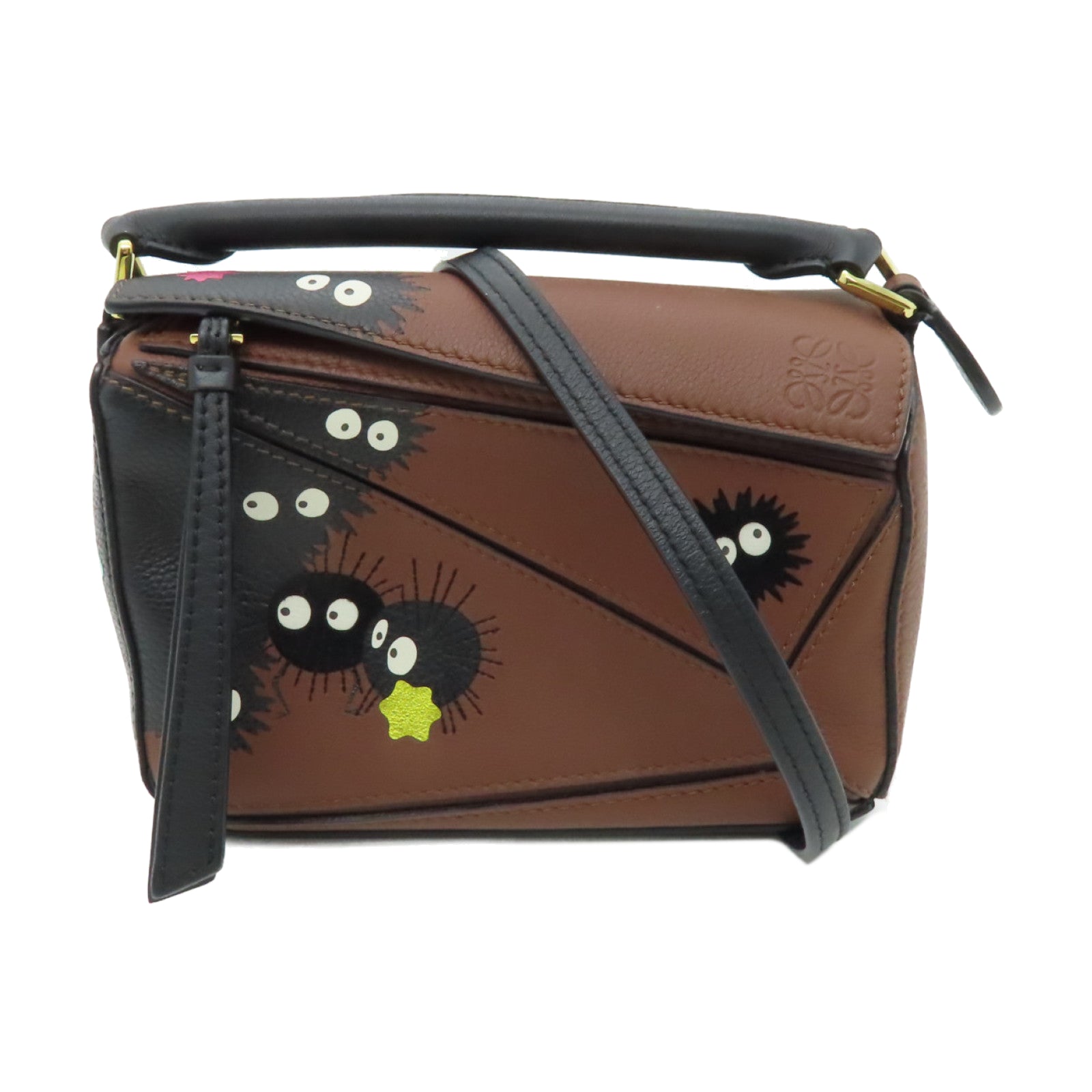 LOEWE 牛皮皮革Susuwatari Mini Puzzle Bag金扣手挽肩背兩用袋啡色/黑色