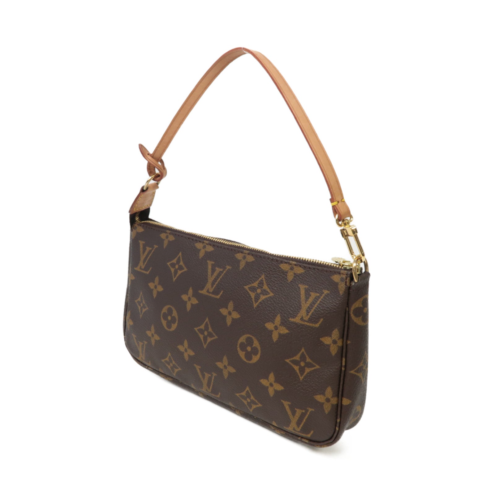 LOUIS VUITTON Monogram Pochette Accessories金扣手挽袋棕色