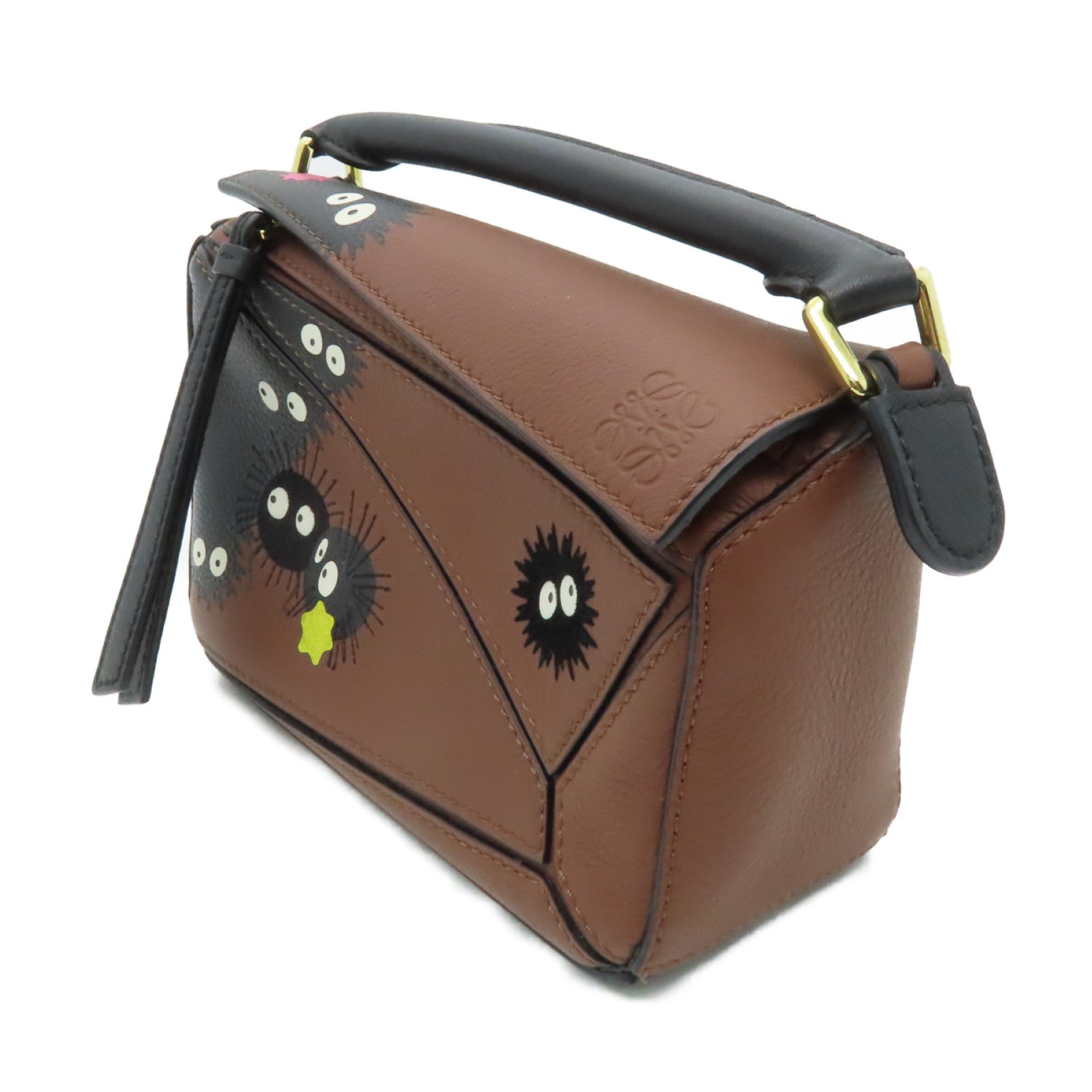 LOEWE 牛皮皮革Susuwatari Mini Puzzle Bag金扣手挽肩背兩用袋啡色/黑色
