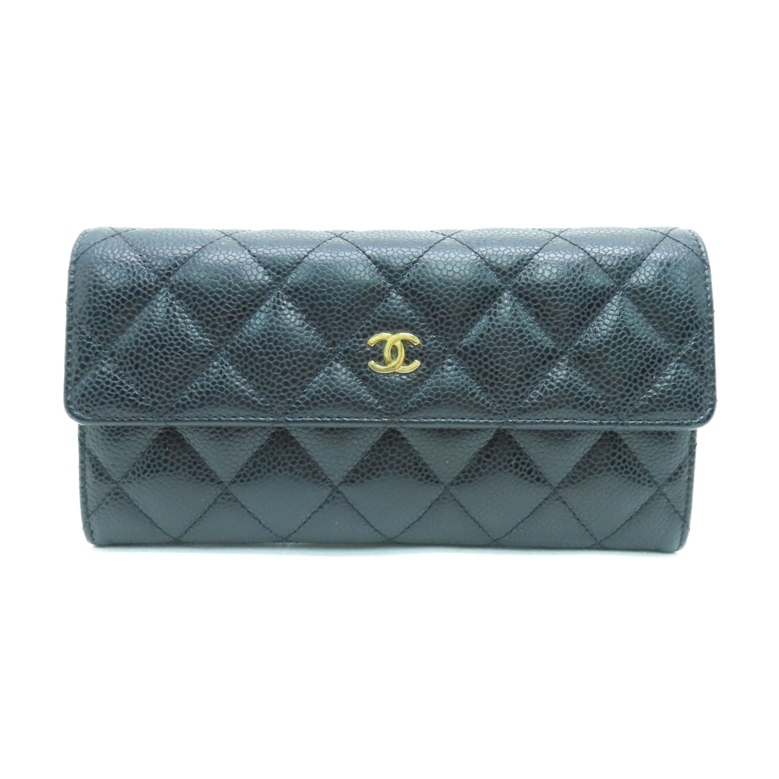 CHANEL 菱格牛皮皮革Wallet金扣长钱包黑色