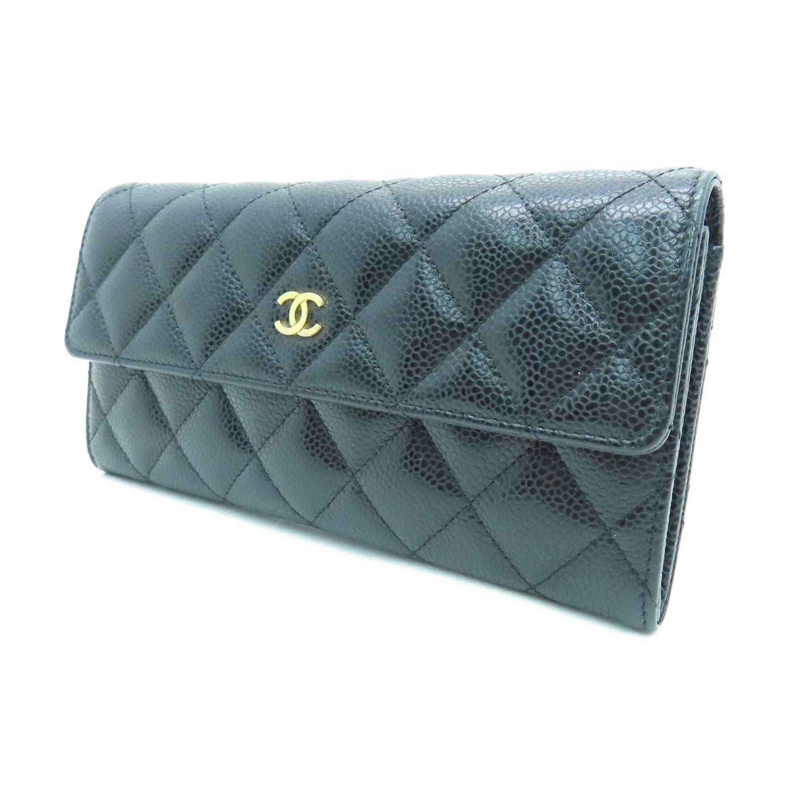 CHANEL 菱格牛皮皮革Wallet金扣长钱包黑色