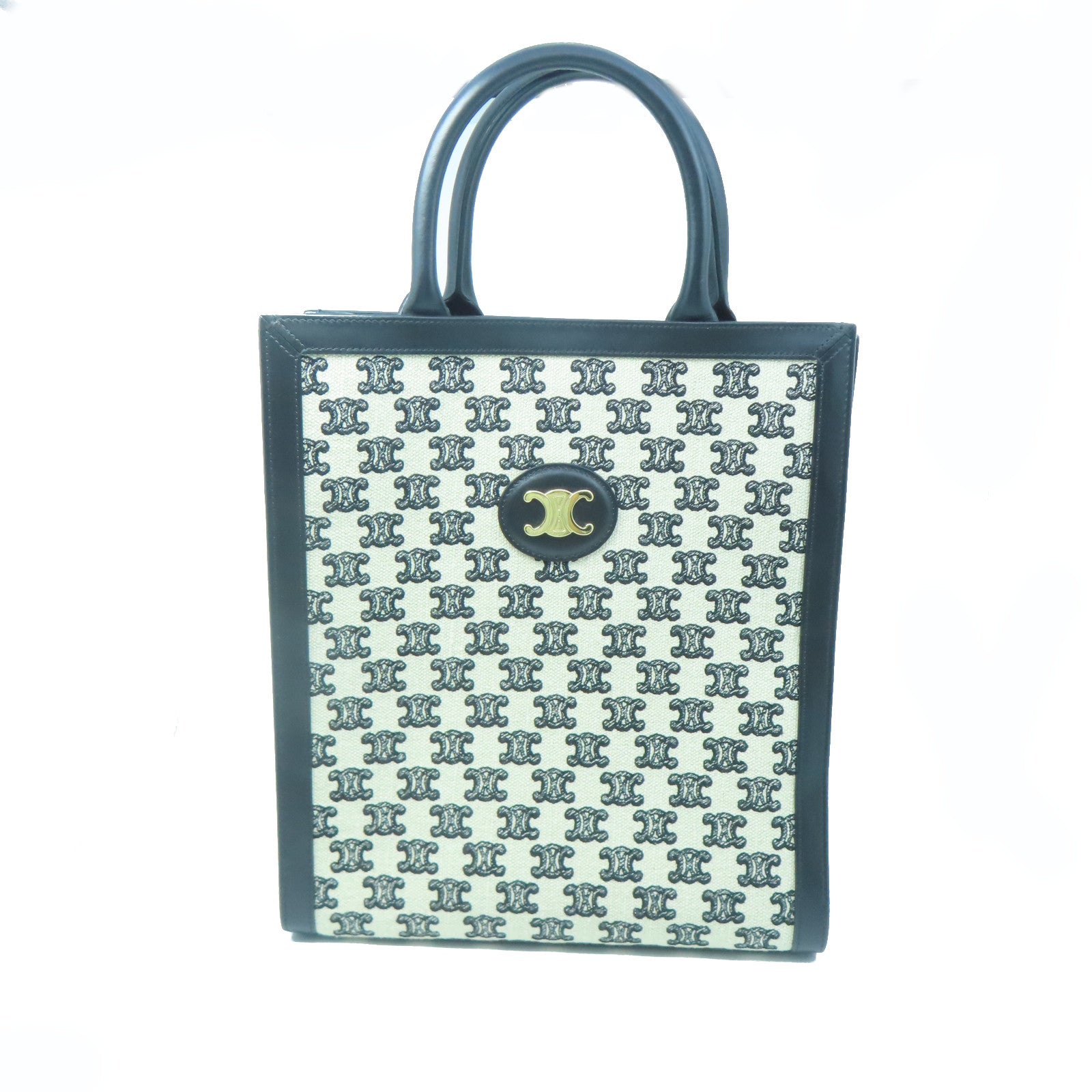 CELINE Canvas Hand Bag Gold Buckle Brown/Black
