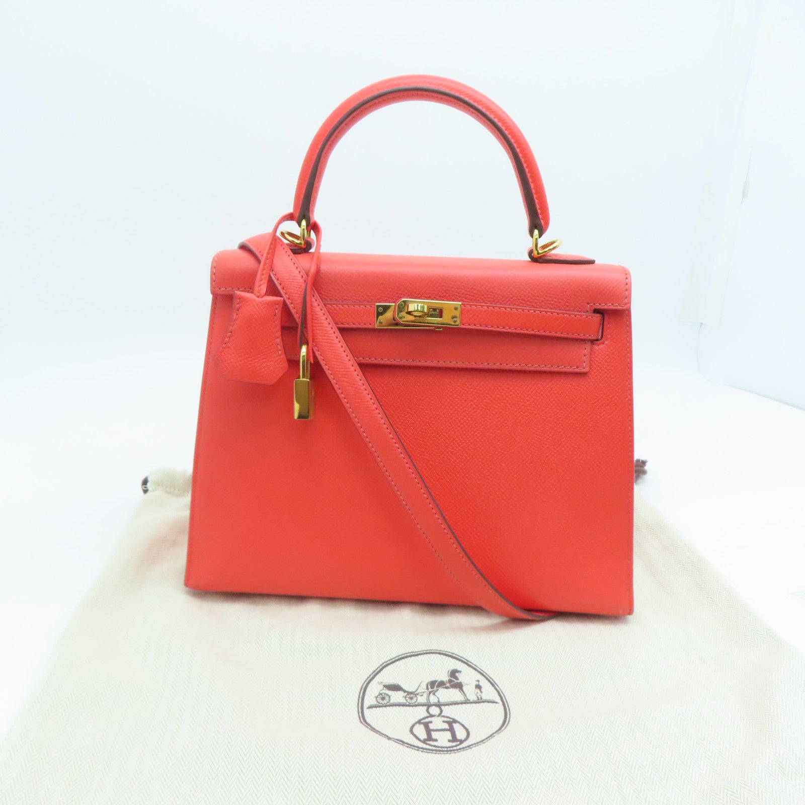 HERMES Epsom leather Kelly 25 gold buckle handle shoulder bag red