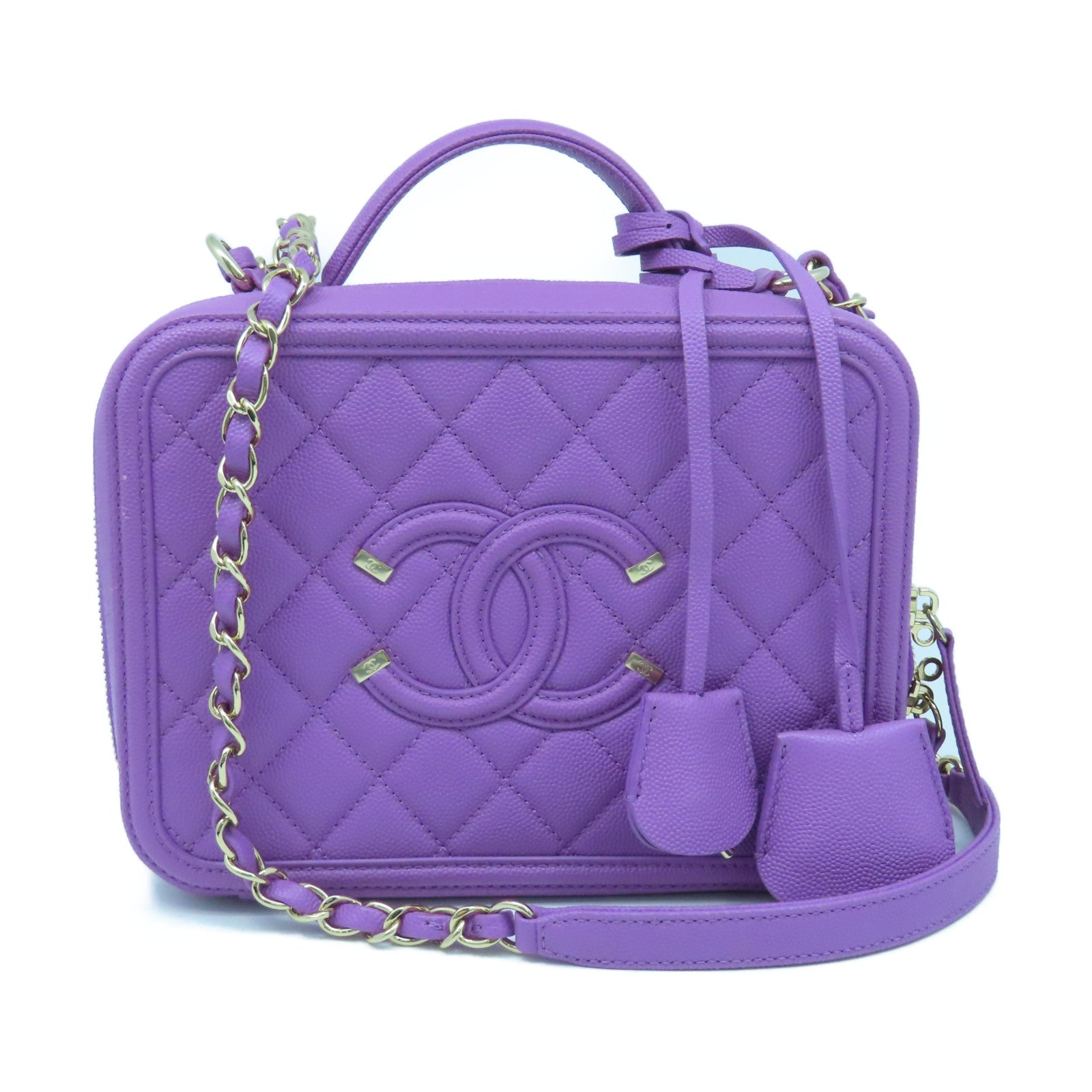 CHANEL 菱格Caviar皮革Vanity Bag金扣手挽肩背兩用袋紫色