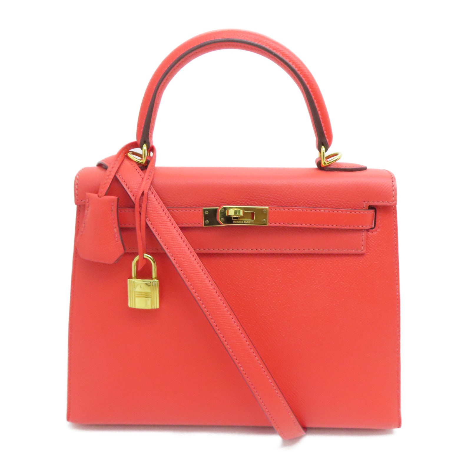 HERMES Epsom leather Kelly 25 gold buckle handle shoulder bag red