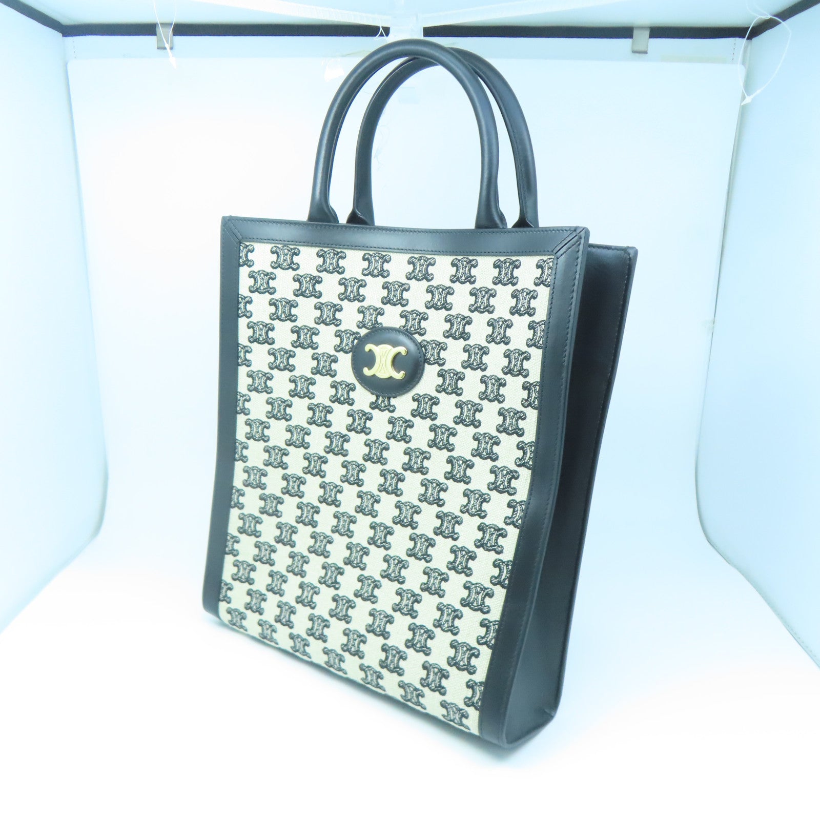 CELINE Canvas Hand Bag Gold Buckle Brown/Black