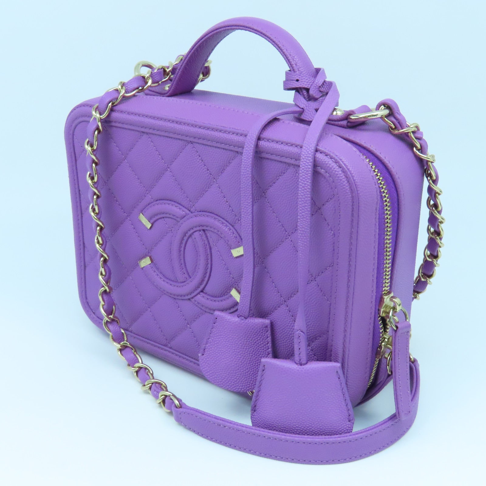 CHANEL 菱格Caviar皮革Vanity Bag金扣手挽肩背兩用袋紫色