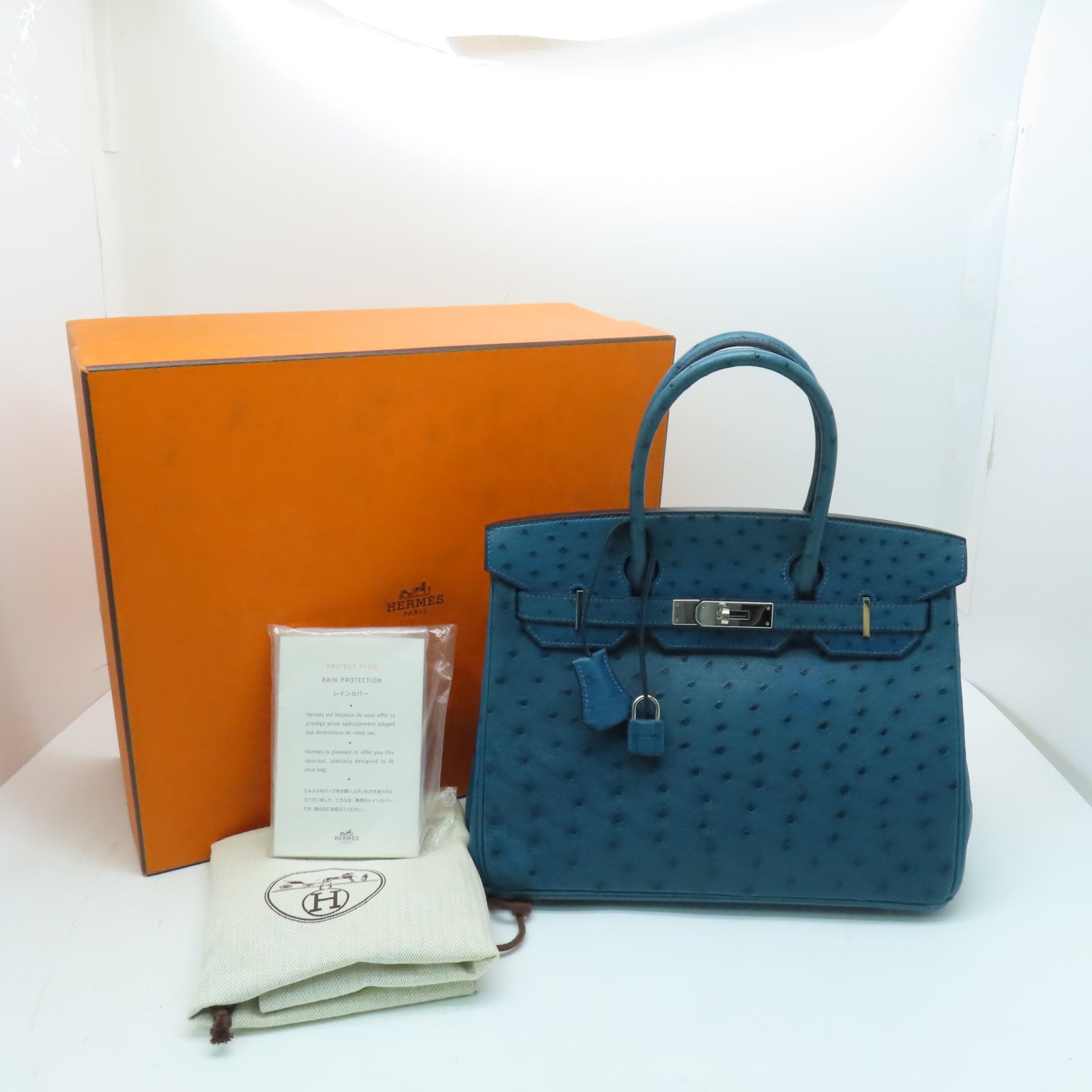 HERMES 【激減優惠】鴕鳥皮革Birkin 30銀扣手挽袋深藍色