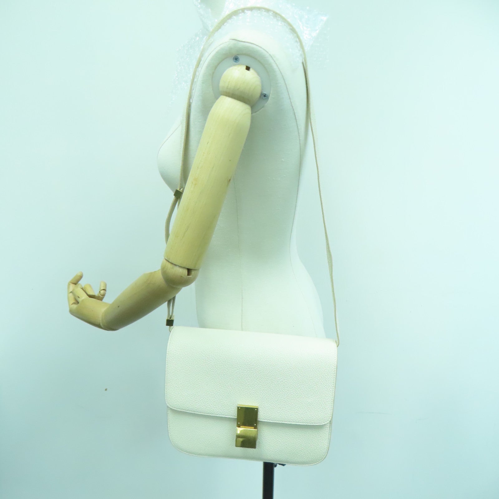 CELINE 牛皮皮革Shoulder Bag金扣肩背袋米白色