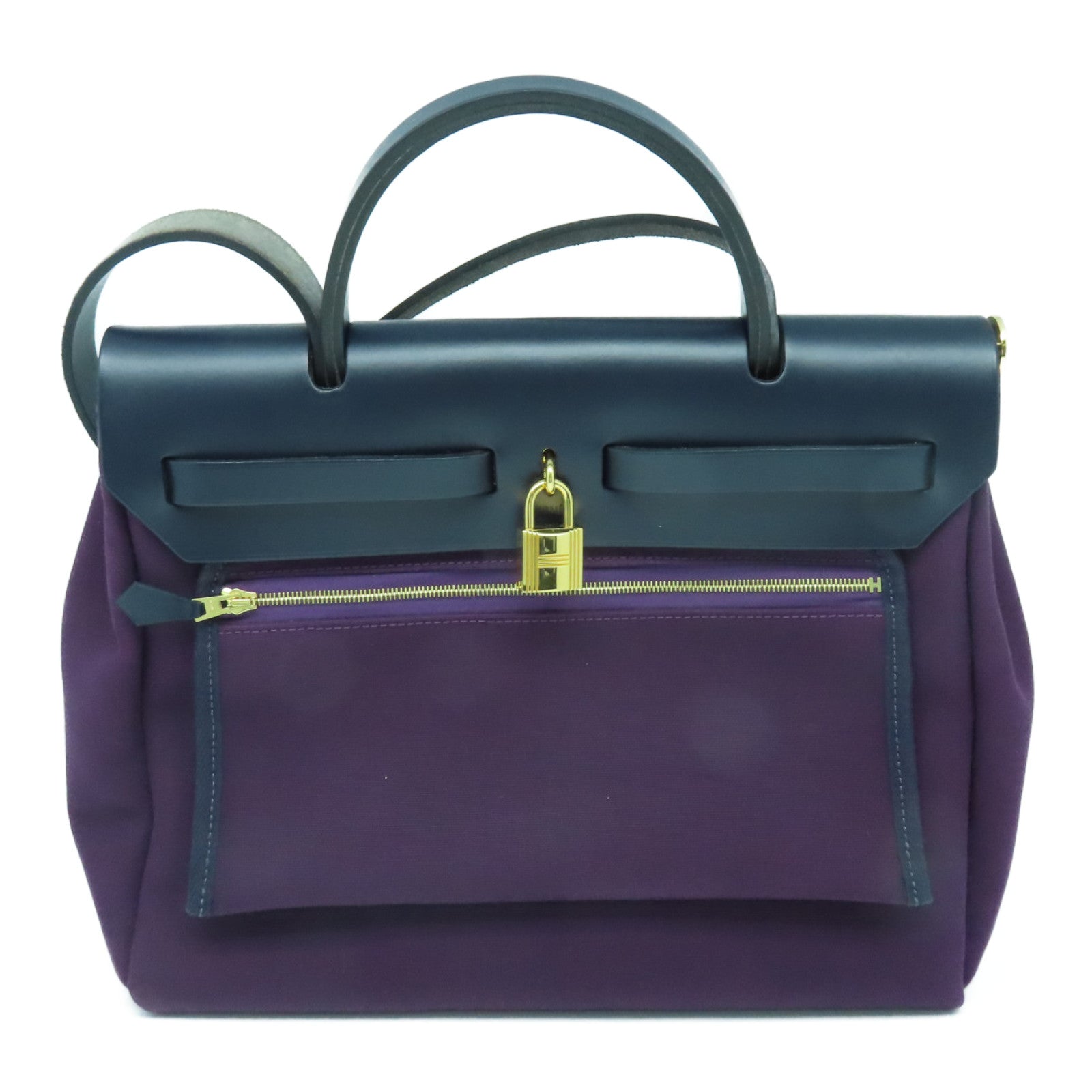 HERMES 帆布Herbag PM金扣手挽肩背兩用袋Raisin紫色