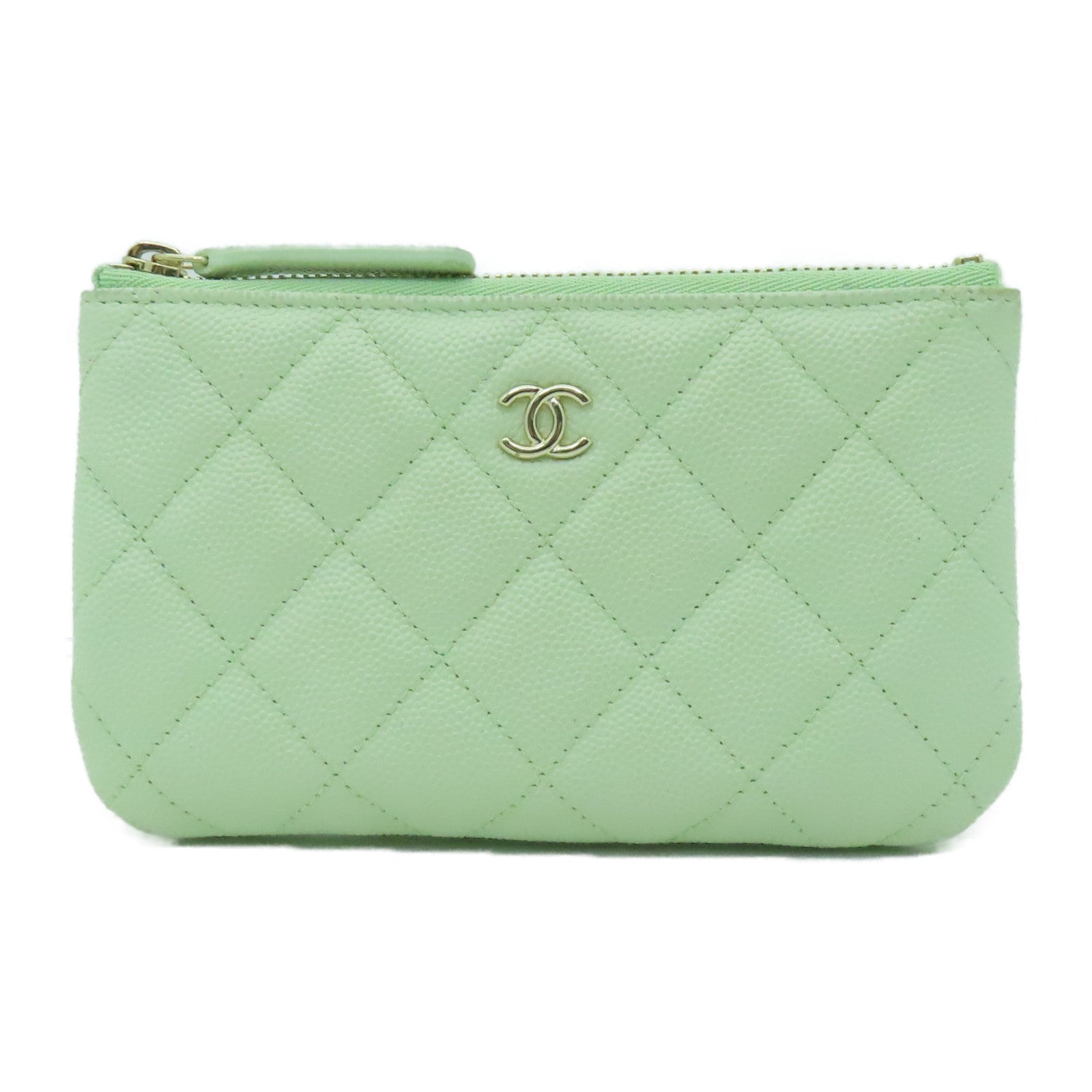 CHANEL 菱格Caviar皮革Mini Pouch金扣手拿包淺綠色