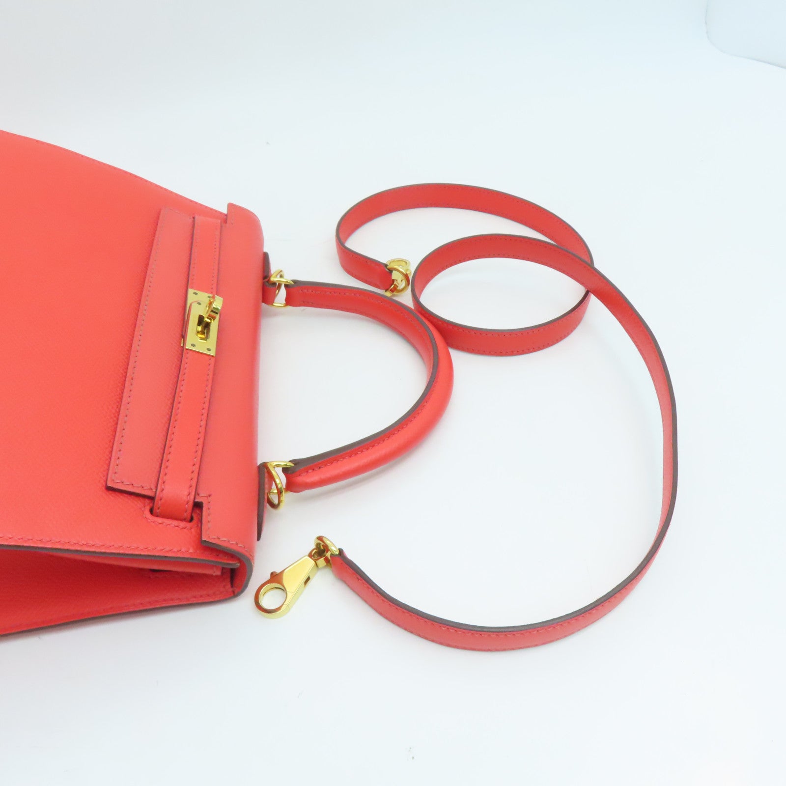 HERMES Epsom leather Kelly 25 gold buckle handle shoulder bag red