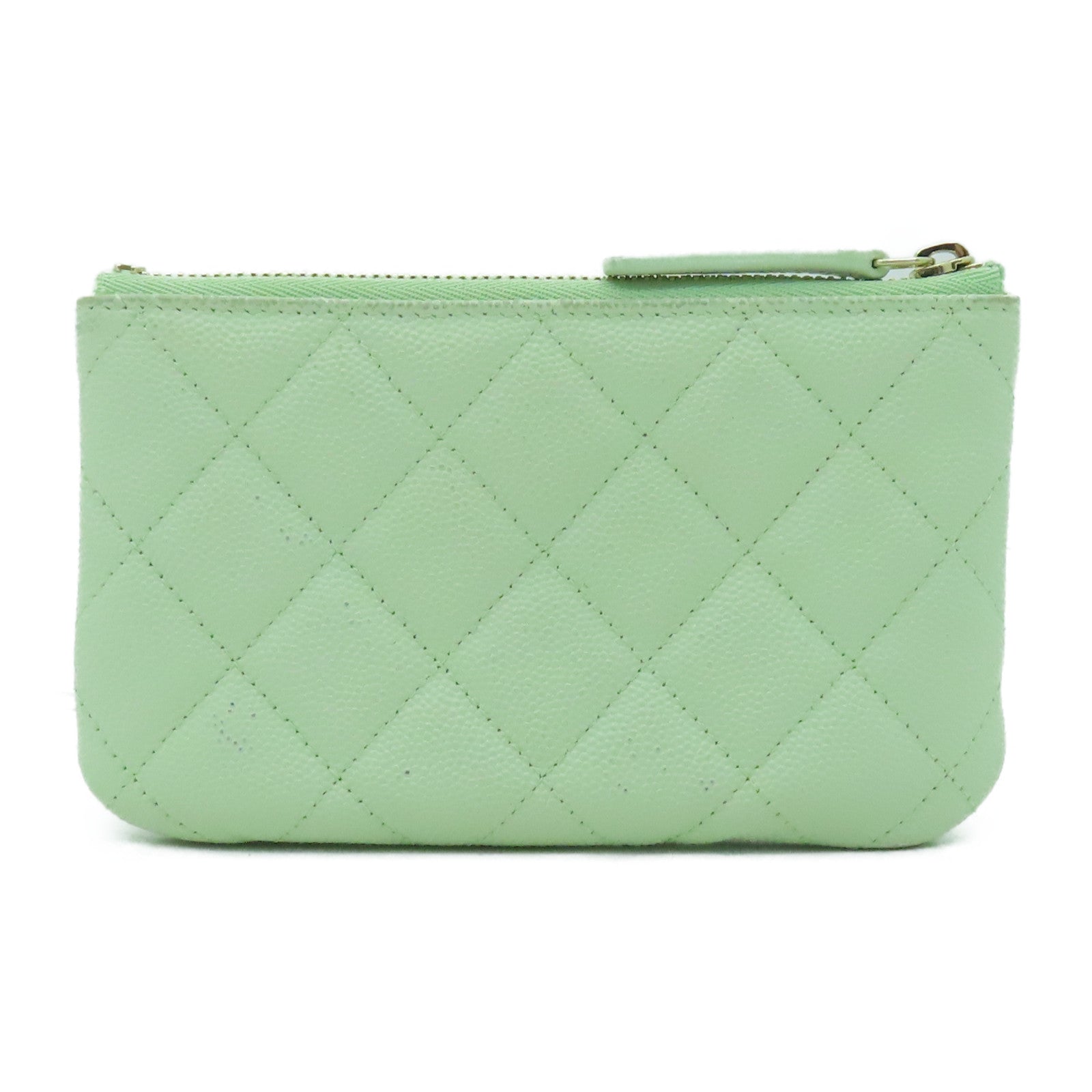 CHANEL 菱格Caviar皮革Mini Pouch金扣手拿包淺綠色