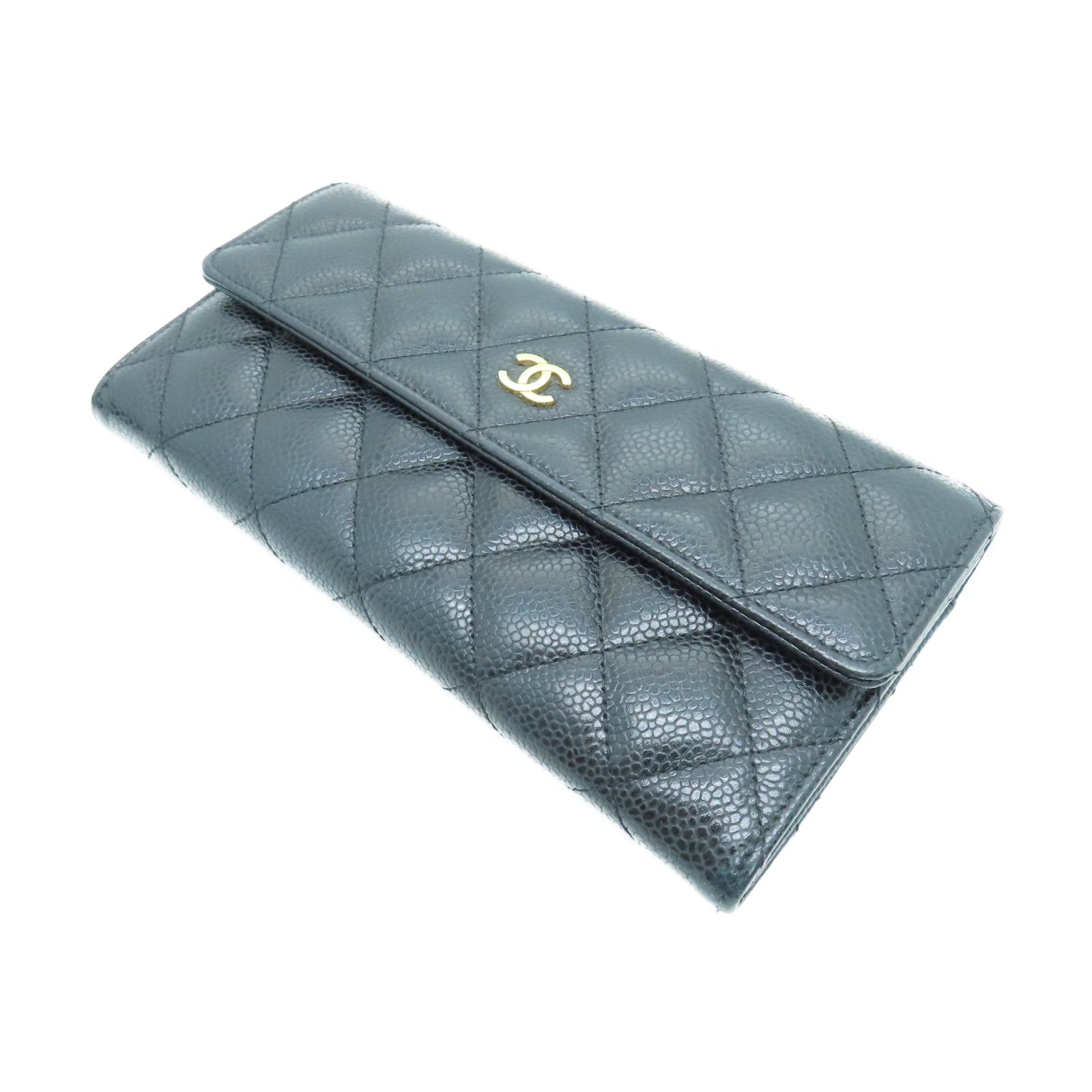 CHANEL 菱格牛皮皮革Wallet金扣长钱包黑色