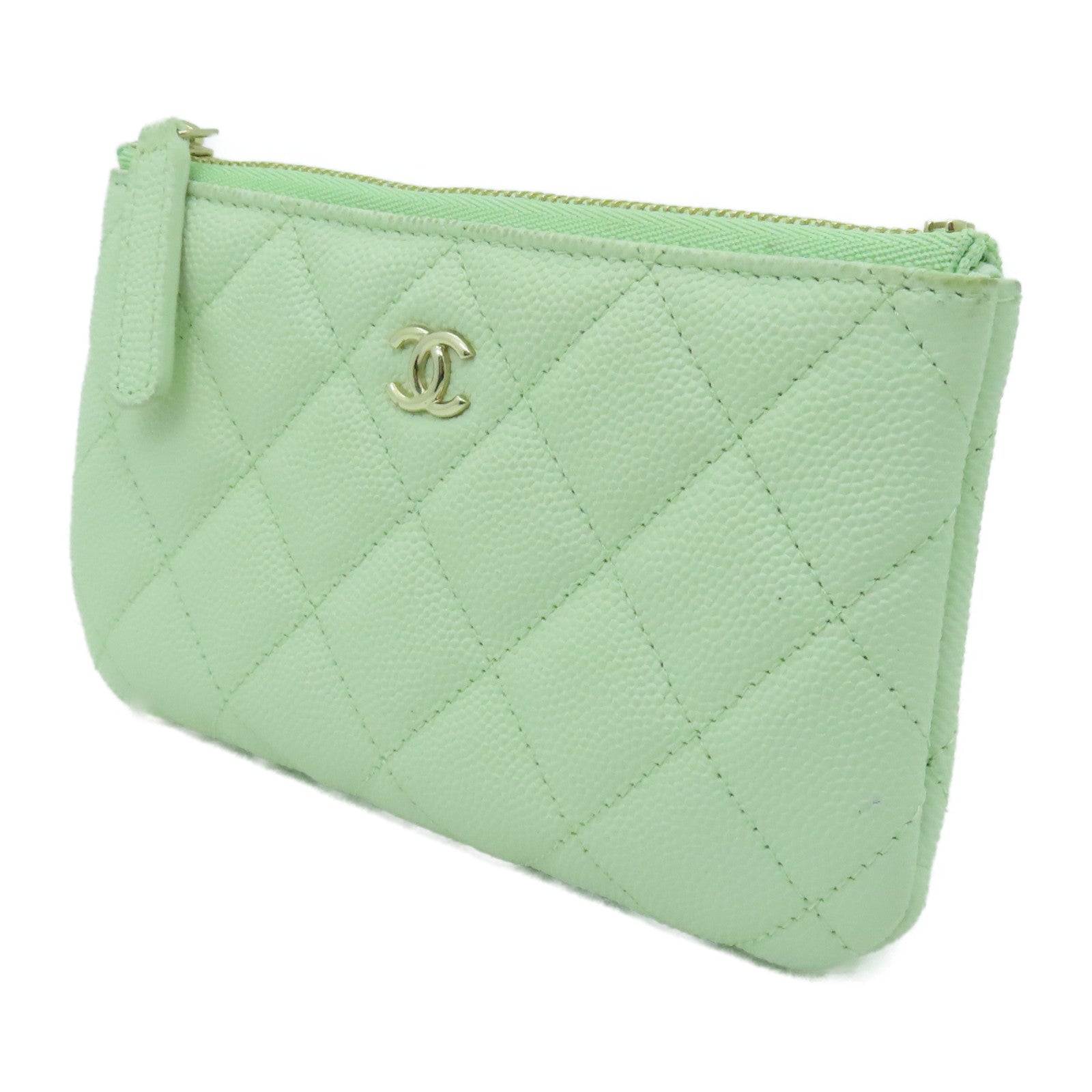 CHANEL 菱格Caviar皮革Mini Pouch金扣手拿包淺綠色