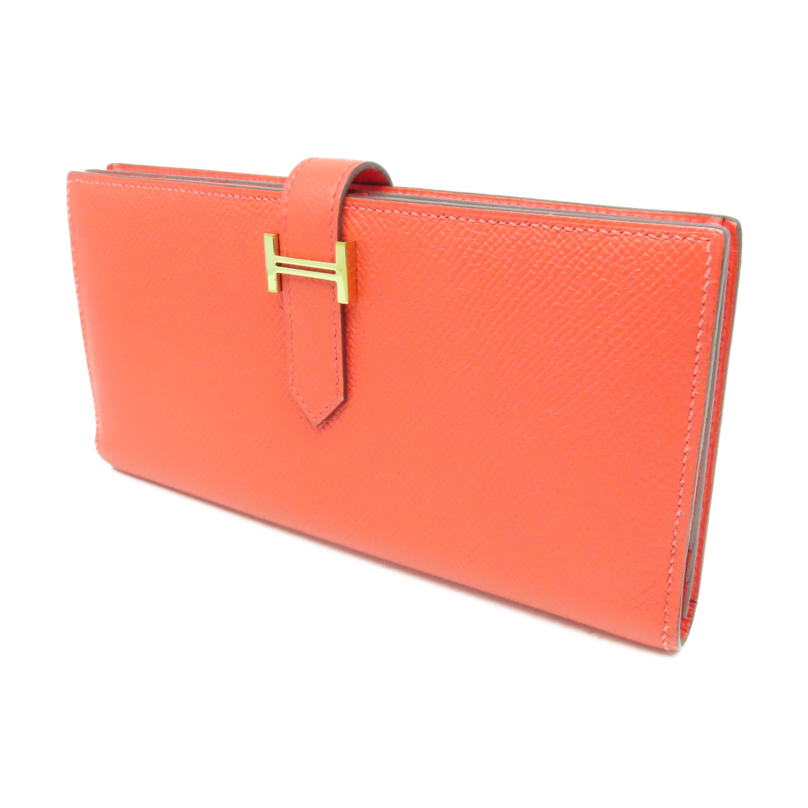 HERMES Veau Epsom皮革Bearn W Snap金扣長錢包糖果紅色