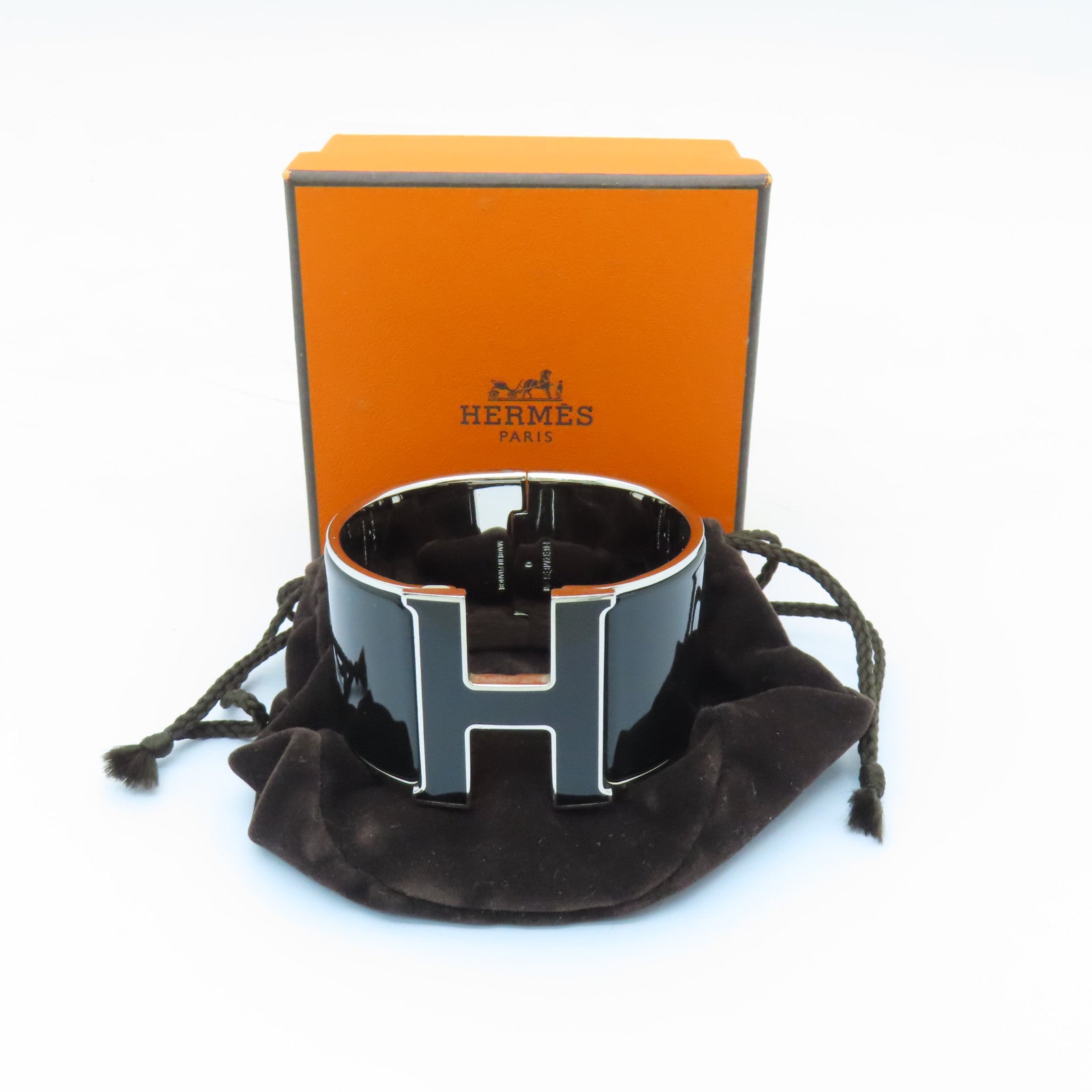 HERMES 金屬Clic-Clac H手鐲銀色/黑色#16cm