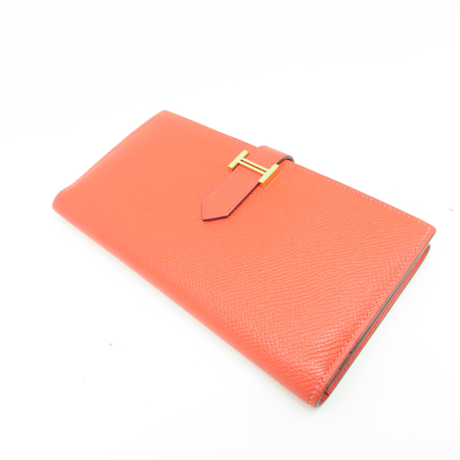 HERMES Veau Epsom皮革Bearn W Snap金扣長錢包糖果紅色