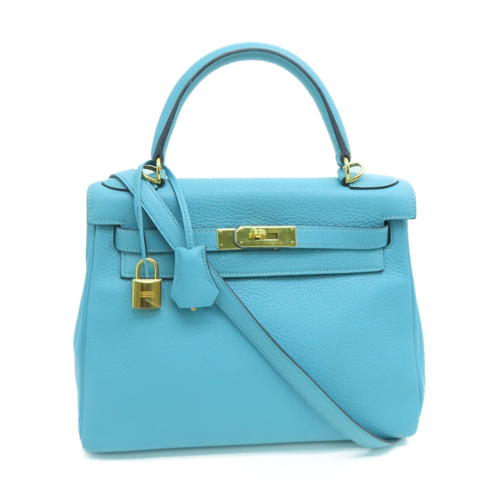 HERMES Clemence Leather Kelly 28 Gold Buckle Handle Shoulder Bag Light Blue
