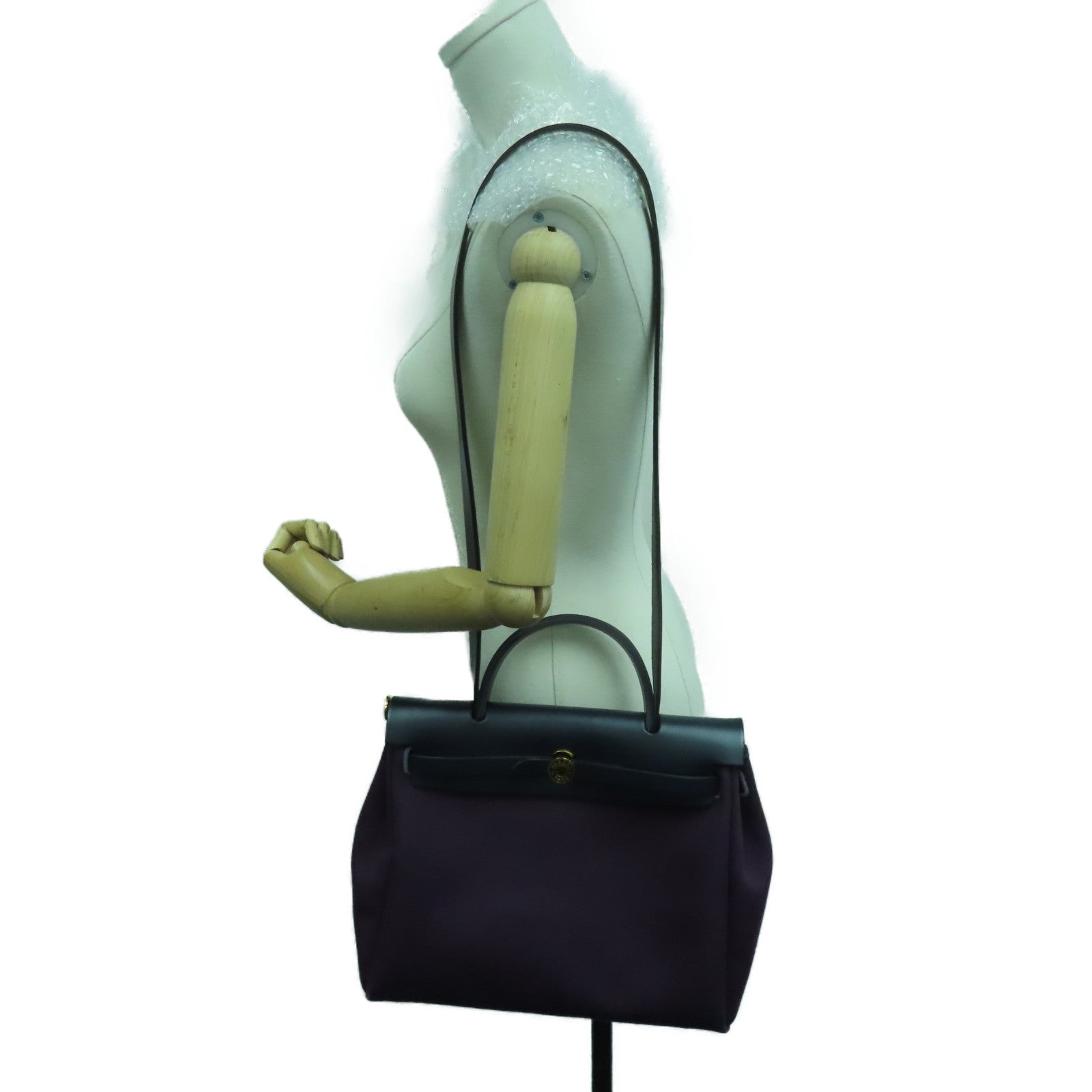 HERMES 帆布Herbag PM金扣手挽肩背兩用袋Raisin紫色