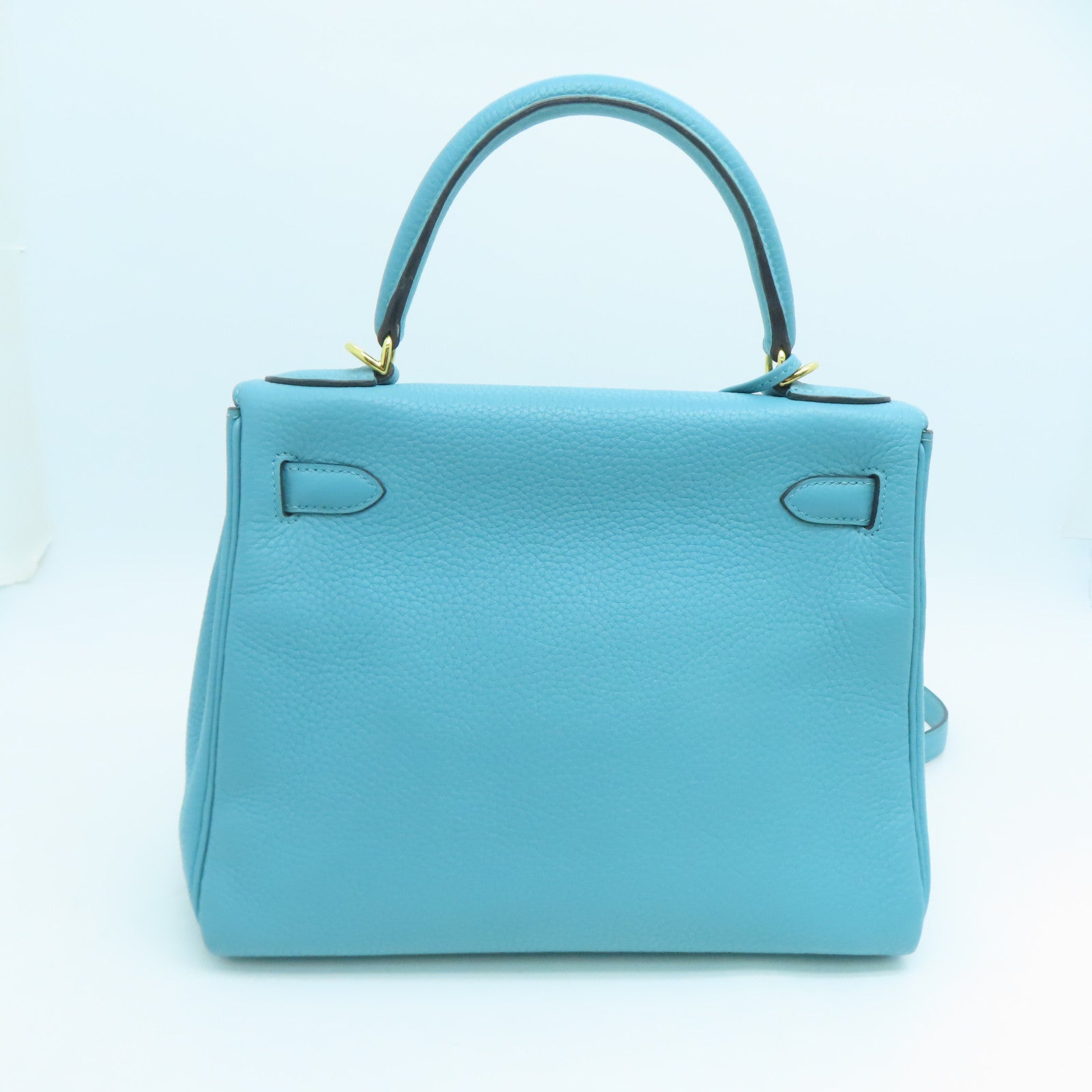 HERMES Clemence Leather Kelly 28 Gold Buckle Handle Shoulder Bag Light Blue