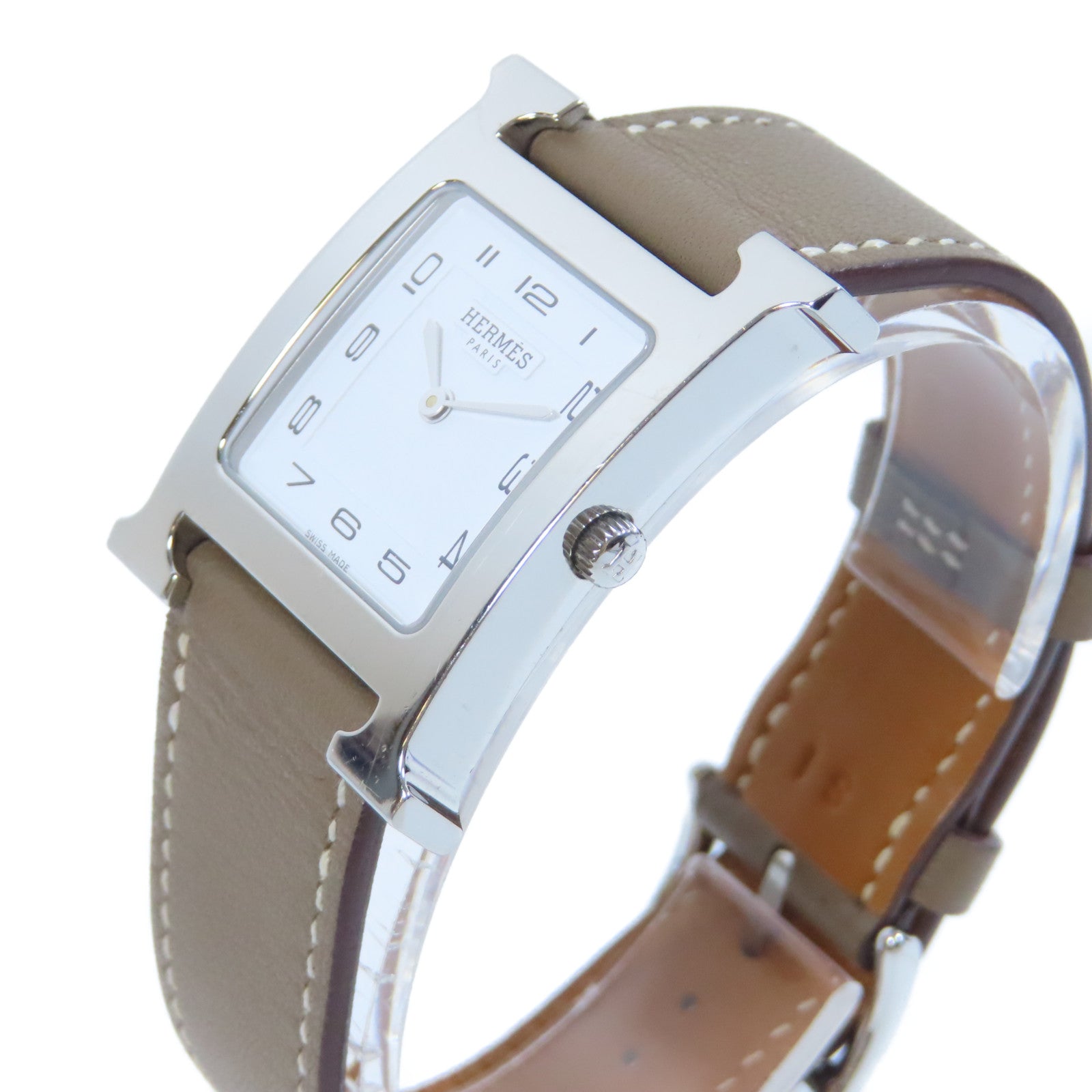 HERMES Heure H不鏽鋼手錶石英機芯白色/Etoupe大象灰色