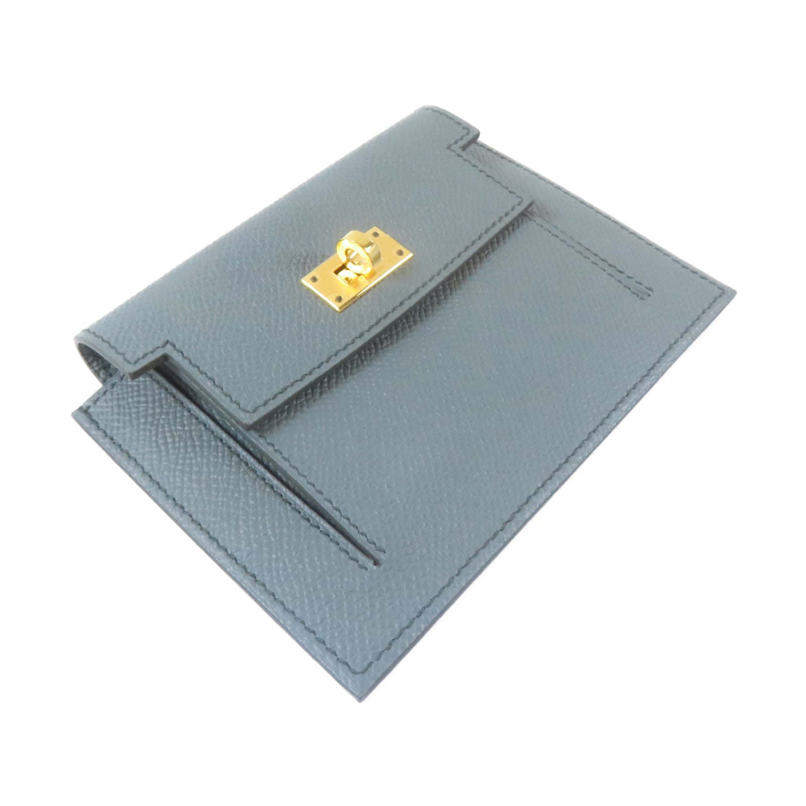HERMES Veau Epsom皮革Kelly Pocket Compact金扣錢包灰色