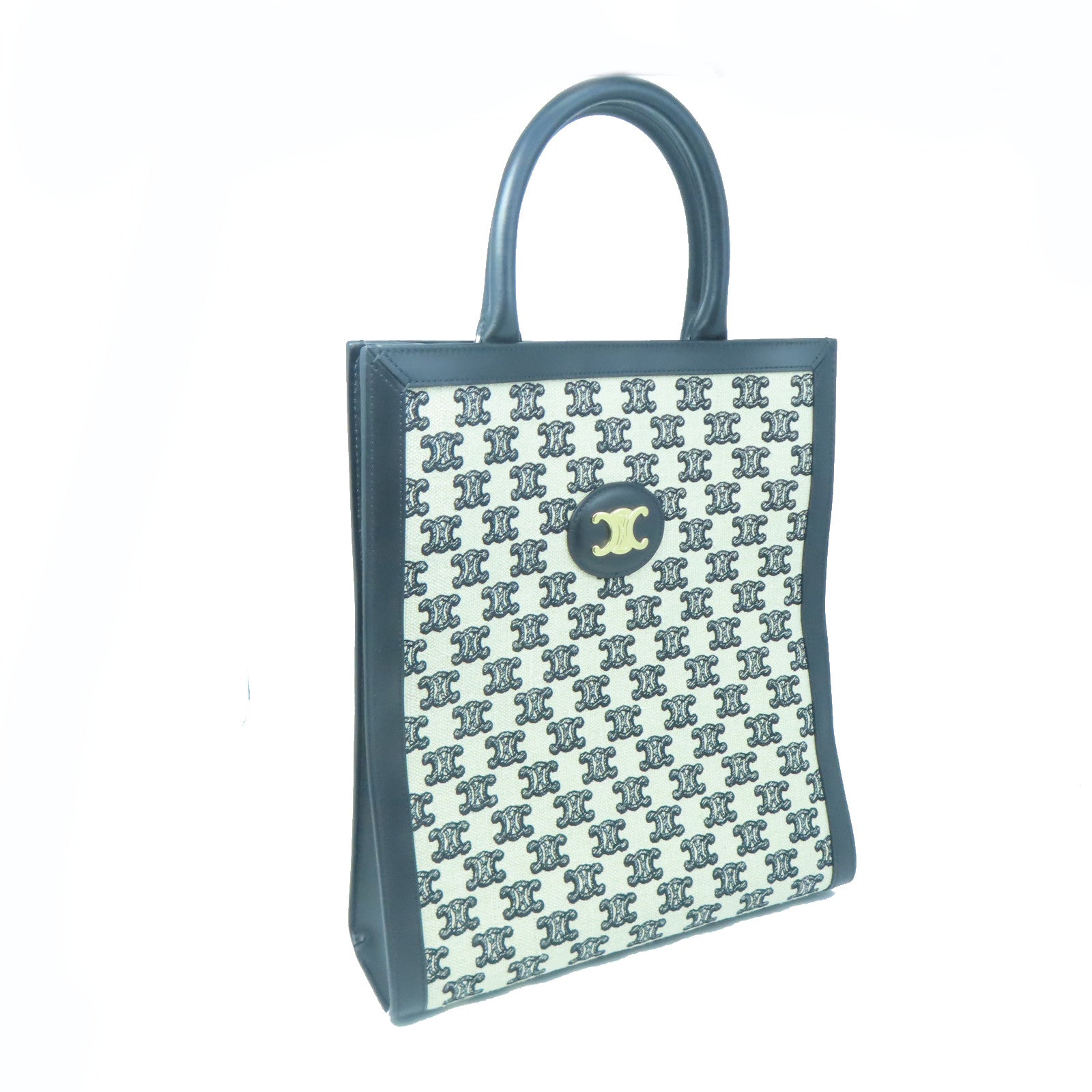 CELINE Canvas Hand Bag Gold Buckle Brown/Black