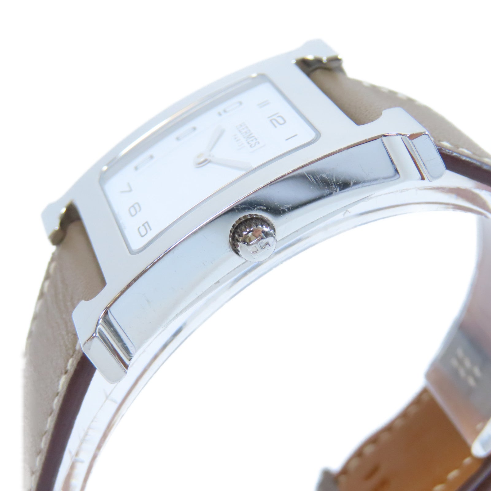 HERMES Heure H不鏽鋼手錶石英機芯白色/Etoupe大象灰色