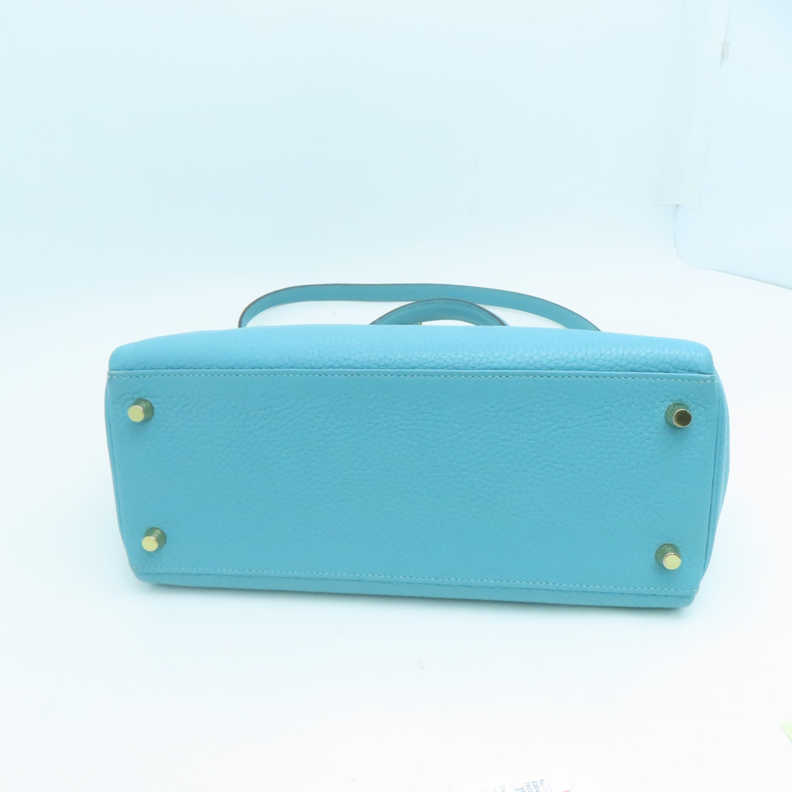 HERMES Clemence Leather Kelly 28 Gold Buckle Handle Shoulder Bag Light Blue