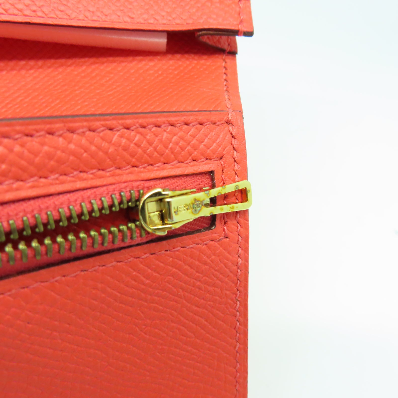 HERMES Veau Epsom皮革Bearn W Snap金扣長錢包糖果紅色