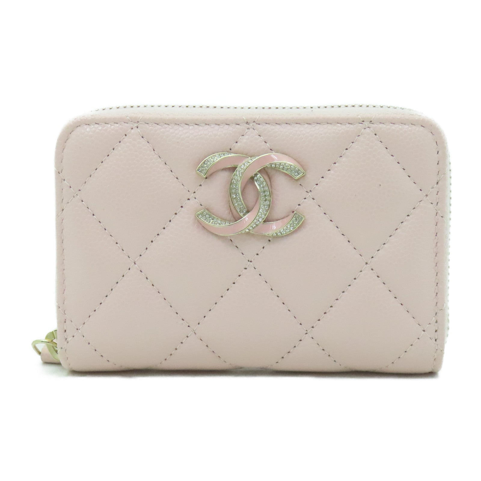 CHANEL 菱格Caviar皮革Card Case金扣卡片套粉紅色