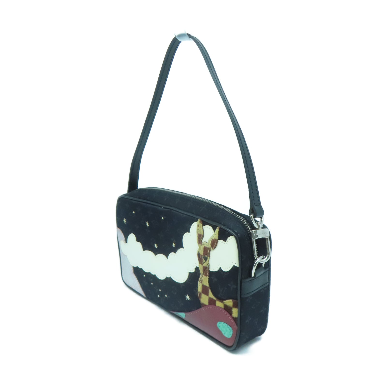 LOUIS VUITTON Monogram Mini Satin Comte De Fees Pouch銀扣肩背袋黑色