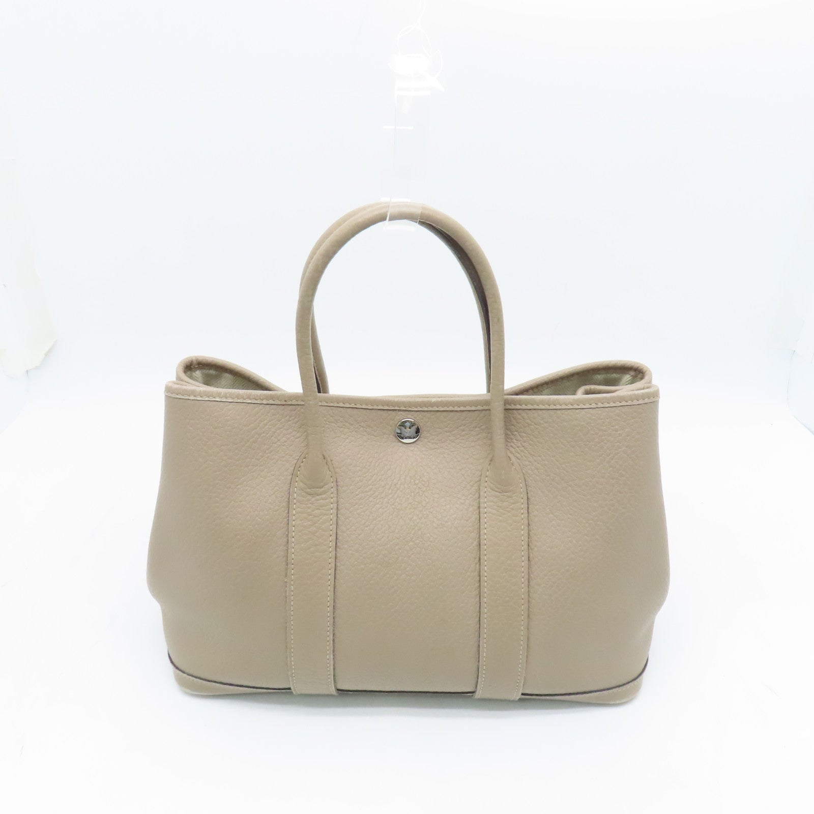 HERMES Clemence皮革Garden Party TPM銀扣手挽袋米色