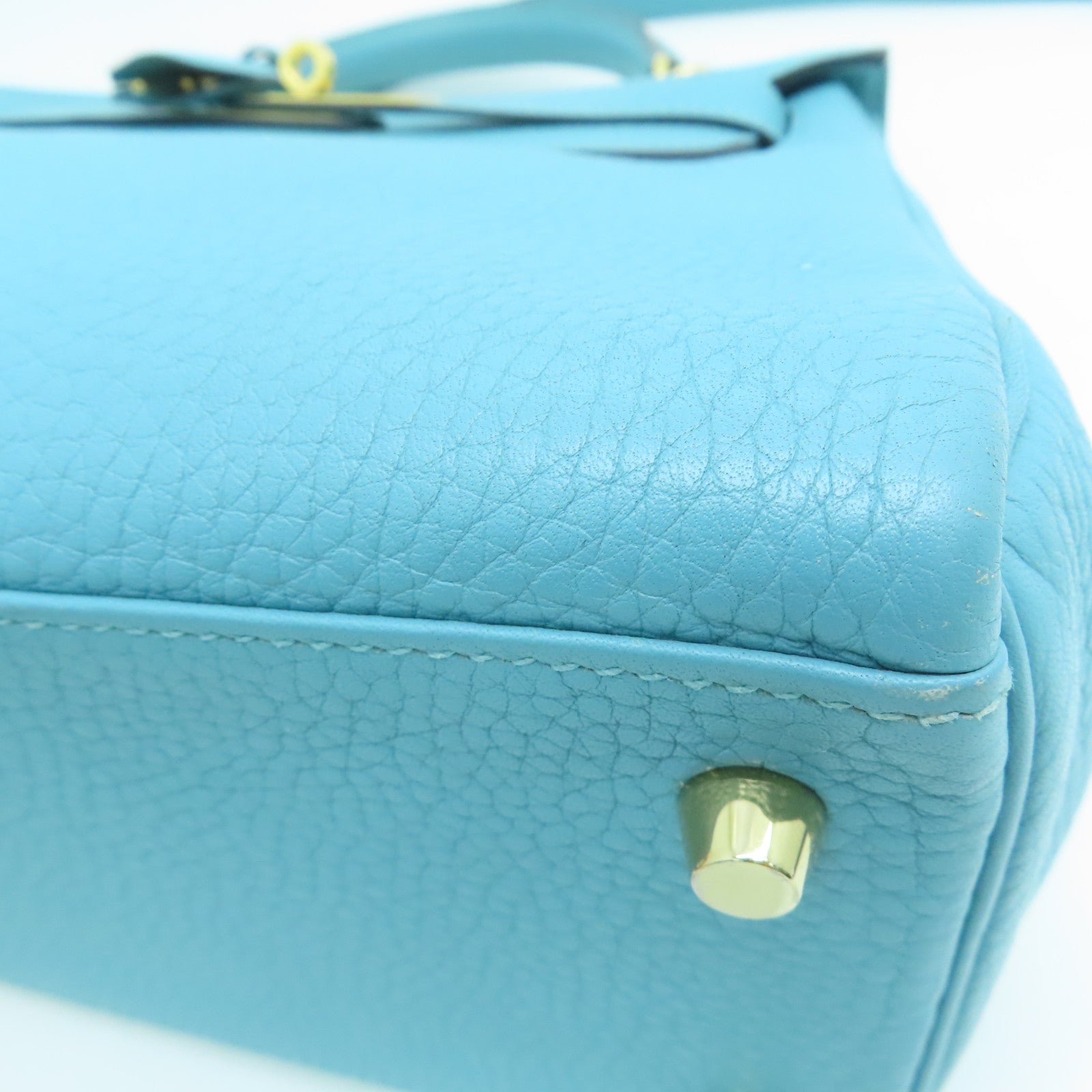 HERMES Clemence Leather Kelly 28 Gold Buckle Handle Shoulder Bag Light Blue